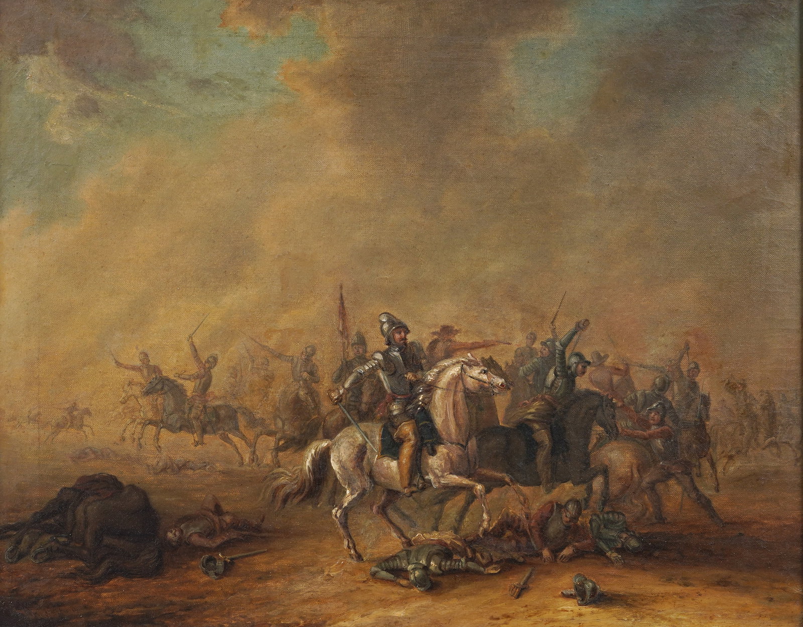 Antique 17th/18th Century Flemish Battle Scene Framed Horse Military Landscape Original Oil Painting - 3