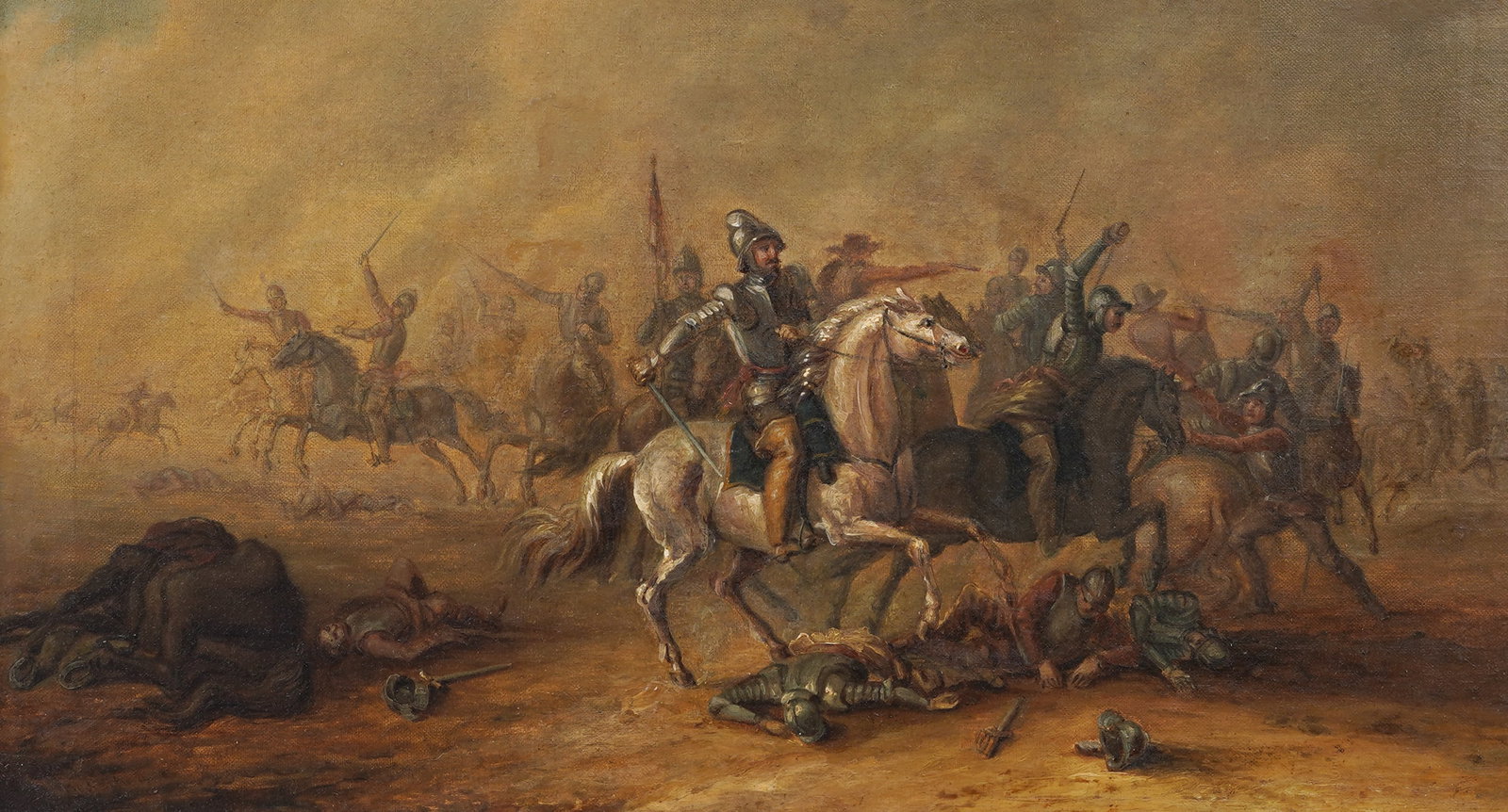 Antique 17th/18th Century Flemish Battle Scene Framed Horse Military Landscape Original Oil Painting - 4