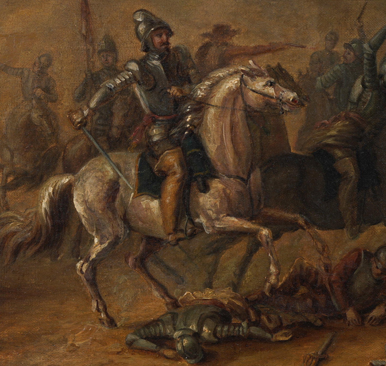 Antique 17th/18th Century Flemish Battle Scene Framed Horse Military Landscape Original Oil Painting - 7