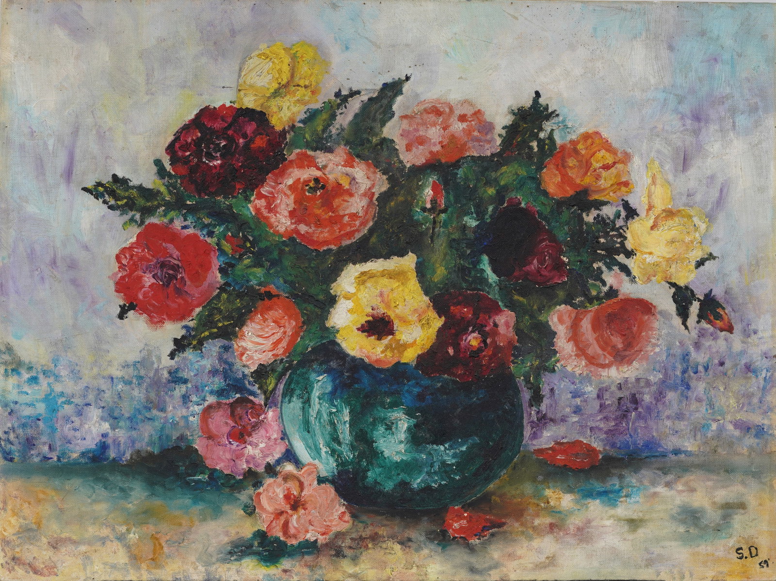 Midcentury American Flower Vase Still Life Original Oil Painting Monogrammed "S.D": Vintage oil painting. Measuring: 18 by 24 inches overall. Please see all images for condition. Size is measured and written on the back of the painting or next to each object. For detailed condition q