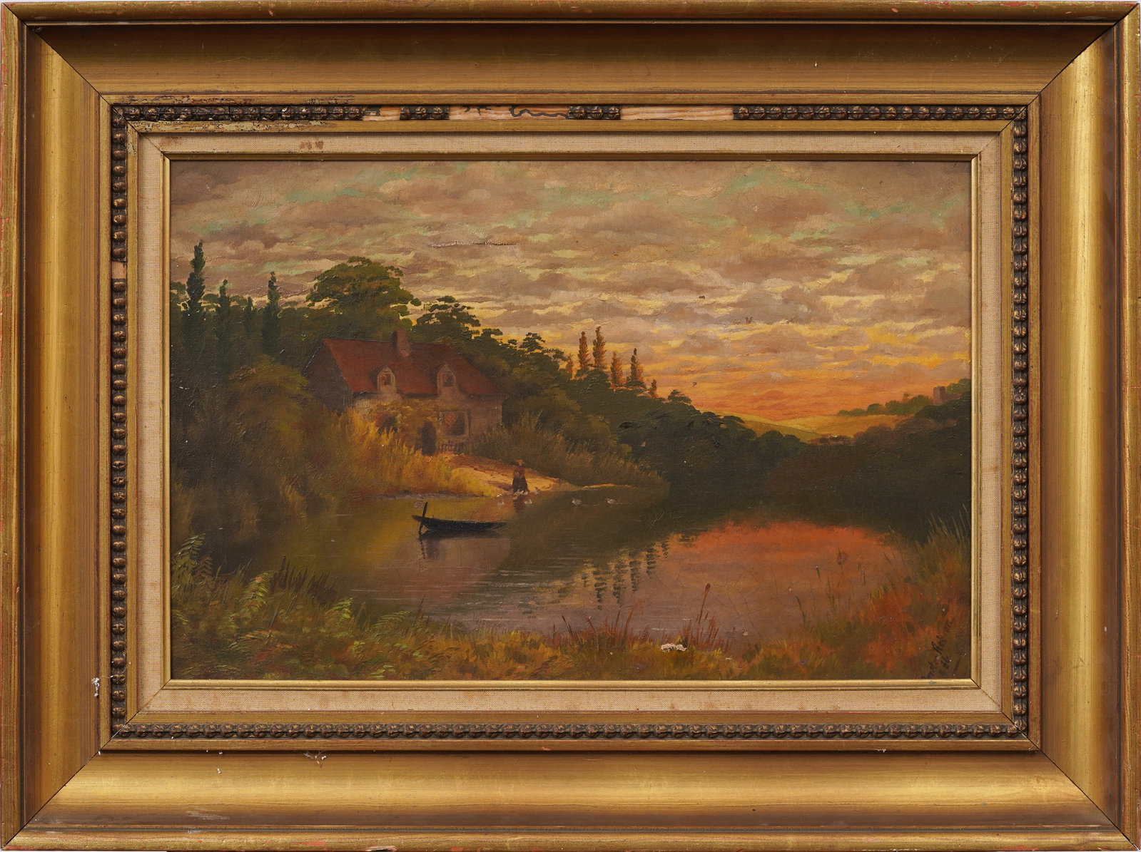 Forster Robson (1898–1961) Antique British Sunlit Lake Landscape Original Oil Painting: Signed, framed antique British oil painting. Measuring: 19 by 25 inches overall, and 12 by 18 artwork alone. Please see all images for condition. Size is measured and written on the back of the painti