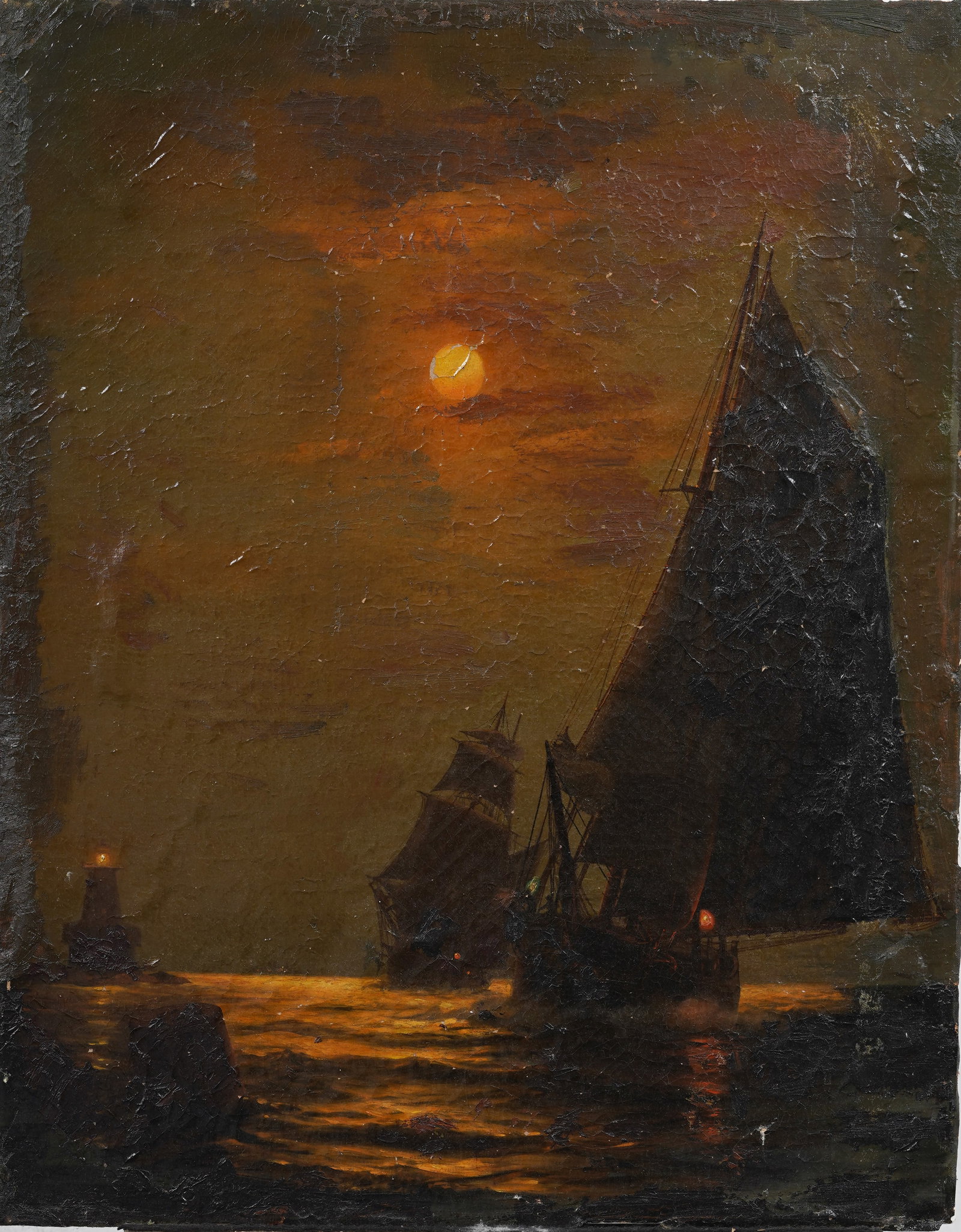 Antique Maritime Sunset Seascape Sailing Ships Original Oil Painting: Antique oil painting. Measuring: 28 by 22 inches overall. Please see all images for condition. Size is measured and written on the back of the painting or next to each object. For detailed condition q