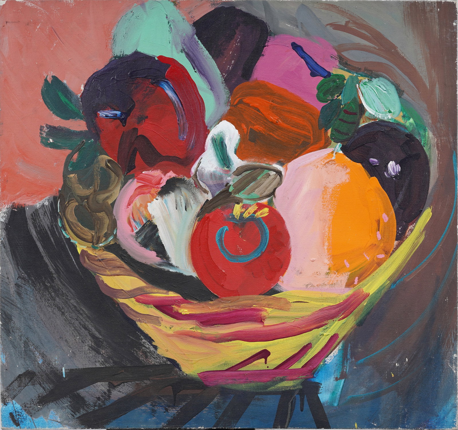 Contemporary Modernist American Abstract Fruit Bowl Still Life Original Oil Painting: Contemporary American oil painting. Measuring: 30 by 32 inches overall. Please see all images for condition. Size is measured and written on the back of the painting or next to each object. For detail