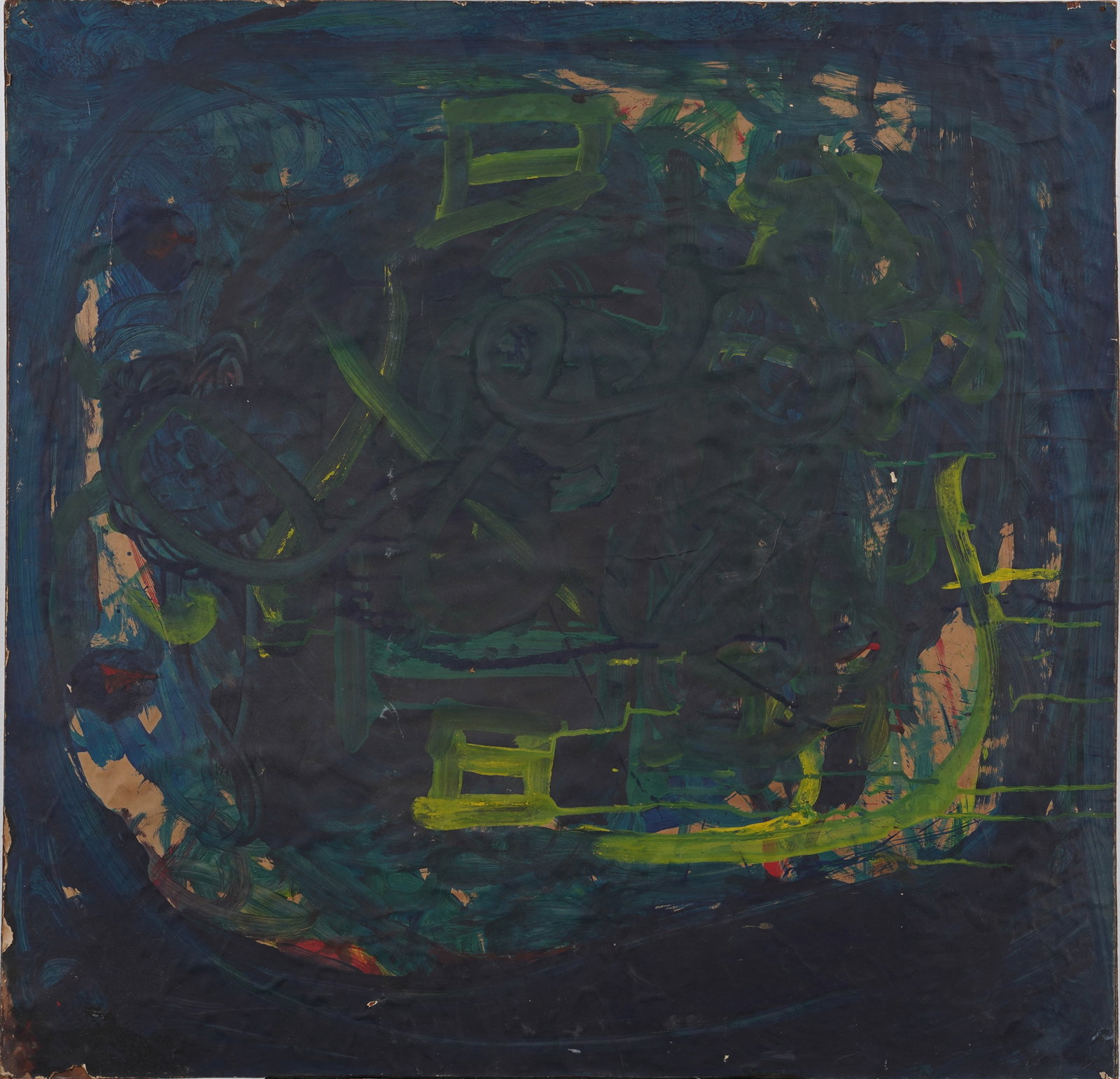 Vintage American Abstract Outside Art Original Oil Painting: Vintage oil painting. Measuring: 34.75 by 35.5 inches overall. Please see all images for condition. Size is measured and written on the back of the painting or next to each object. For detailed condit