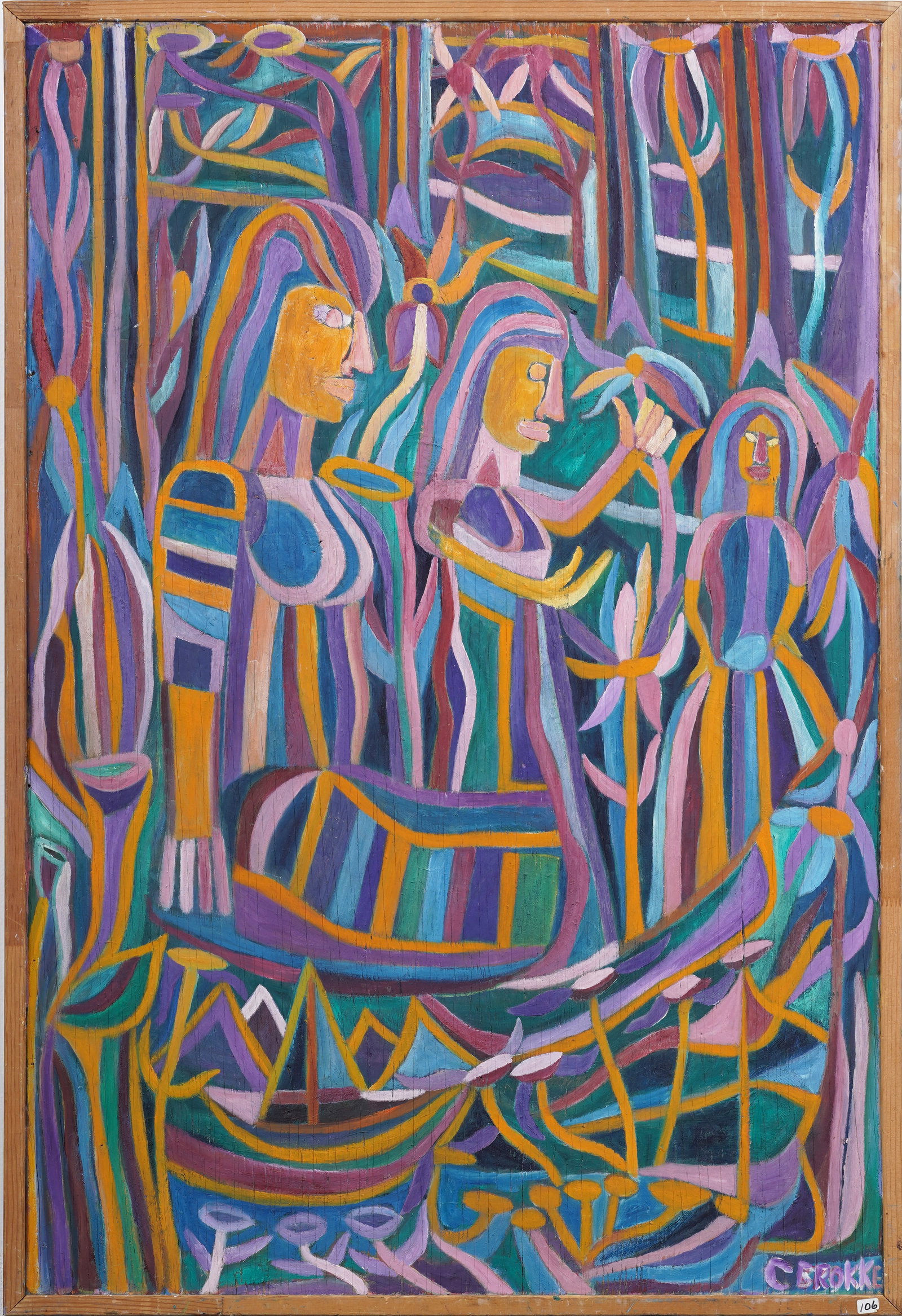 Cliff Brokke Vintage Modernist Abstract Group Scene "Native Spell" American Original Oil Painting: Signed, framed vintage American oil painting. Measuring: 45 by 30 inches overall, and 44 by 29 artwork alone. Please see all images for condition. Size is measured and written on the back of the paint
