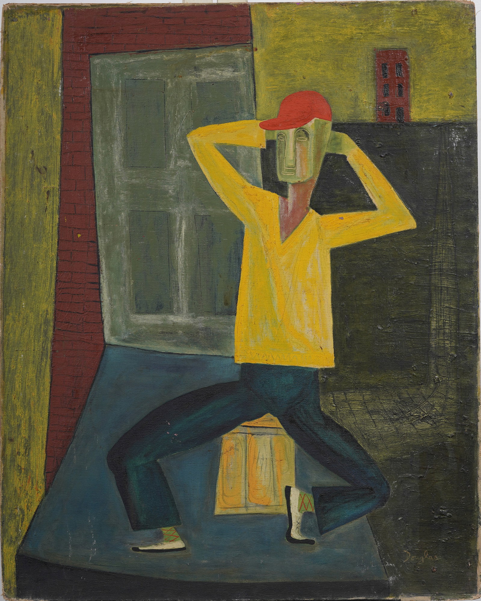 American Modernist Nonchalant Green Hipster Portrait Original Oil Painting Signed "Douglas": Vintage American oil painting. Measuring: 30 by 24 inches overall. Please see all images for condition. Size is measured and written on the back of the painting or next to each object. For detailed co