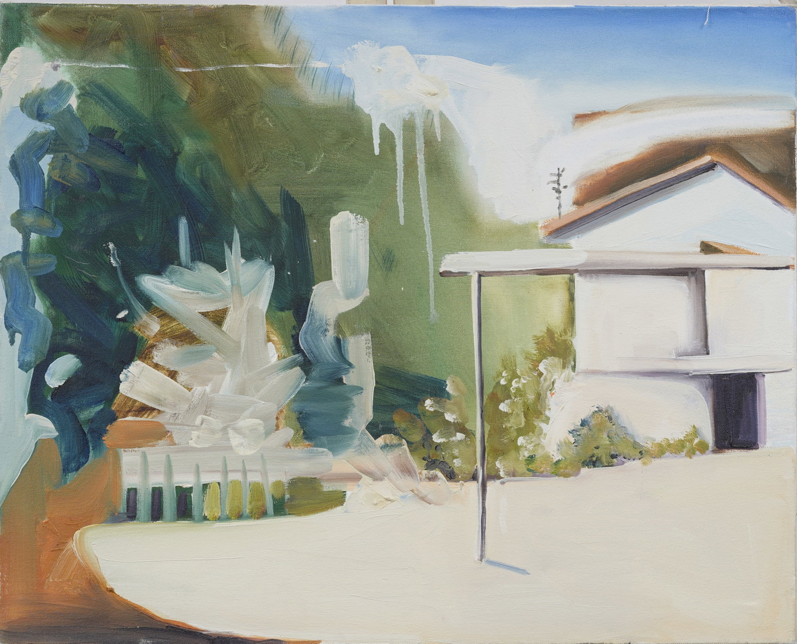 Julia Tyrell Contemporary American Abstract Dreamy House Exterior Landscape Original Oil Painting: Vintage American oil painting. Measuring: 24 by 30 inches overall. Please see all images for condition. Size is measured and written on the back of the painting or next to each object. For detailed co