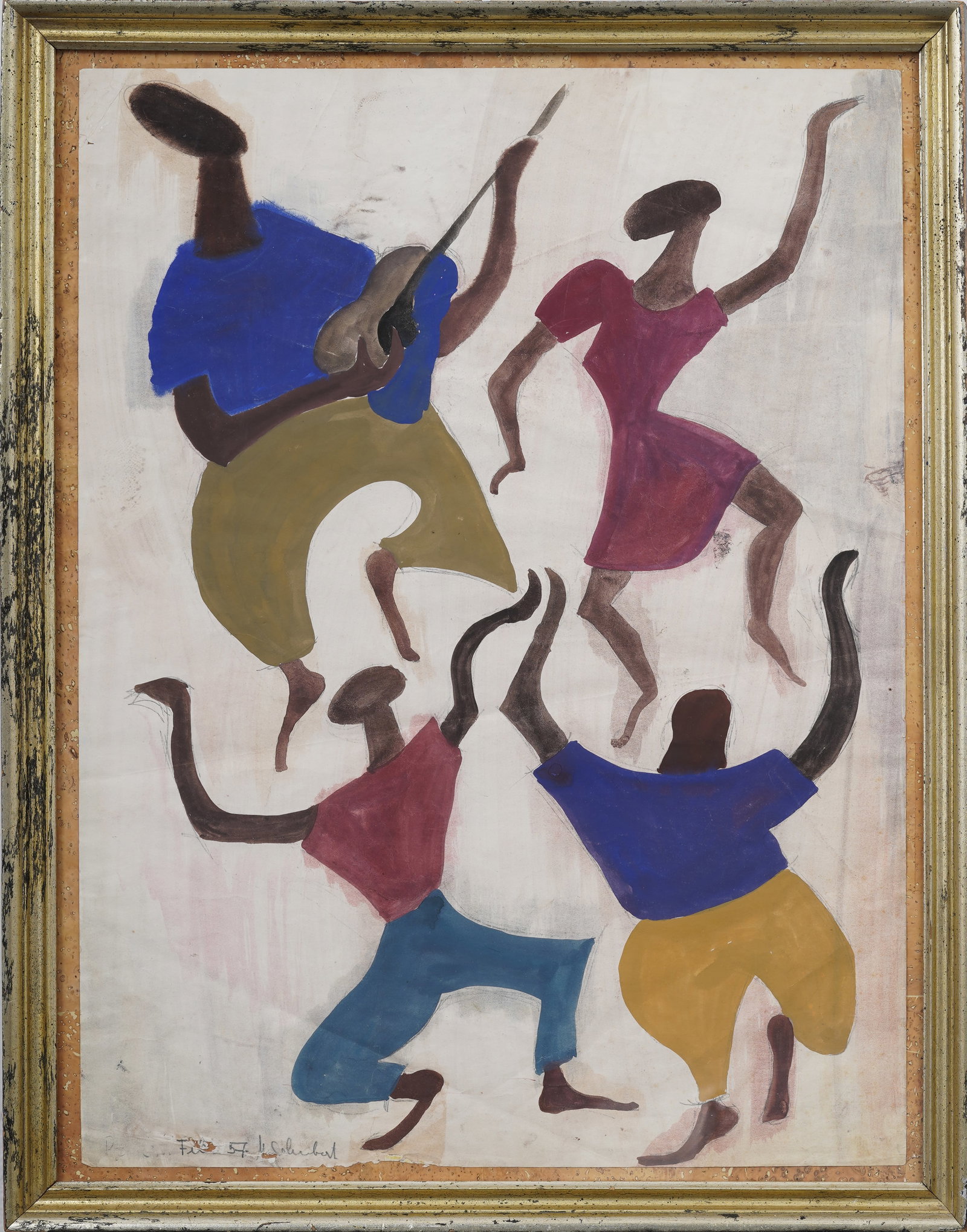 Vintage American Gestural Modernist Black Musician and Dancers Original Watercolor Painting: Signed, vintage American watercolor and gouache. Measuring: 25 by 20 inches overall, and 22 by 16.75 artwork alone. Please see all images for condition. Size is measured and written on the back of the