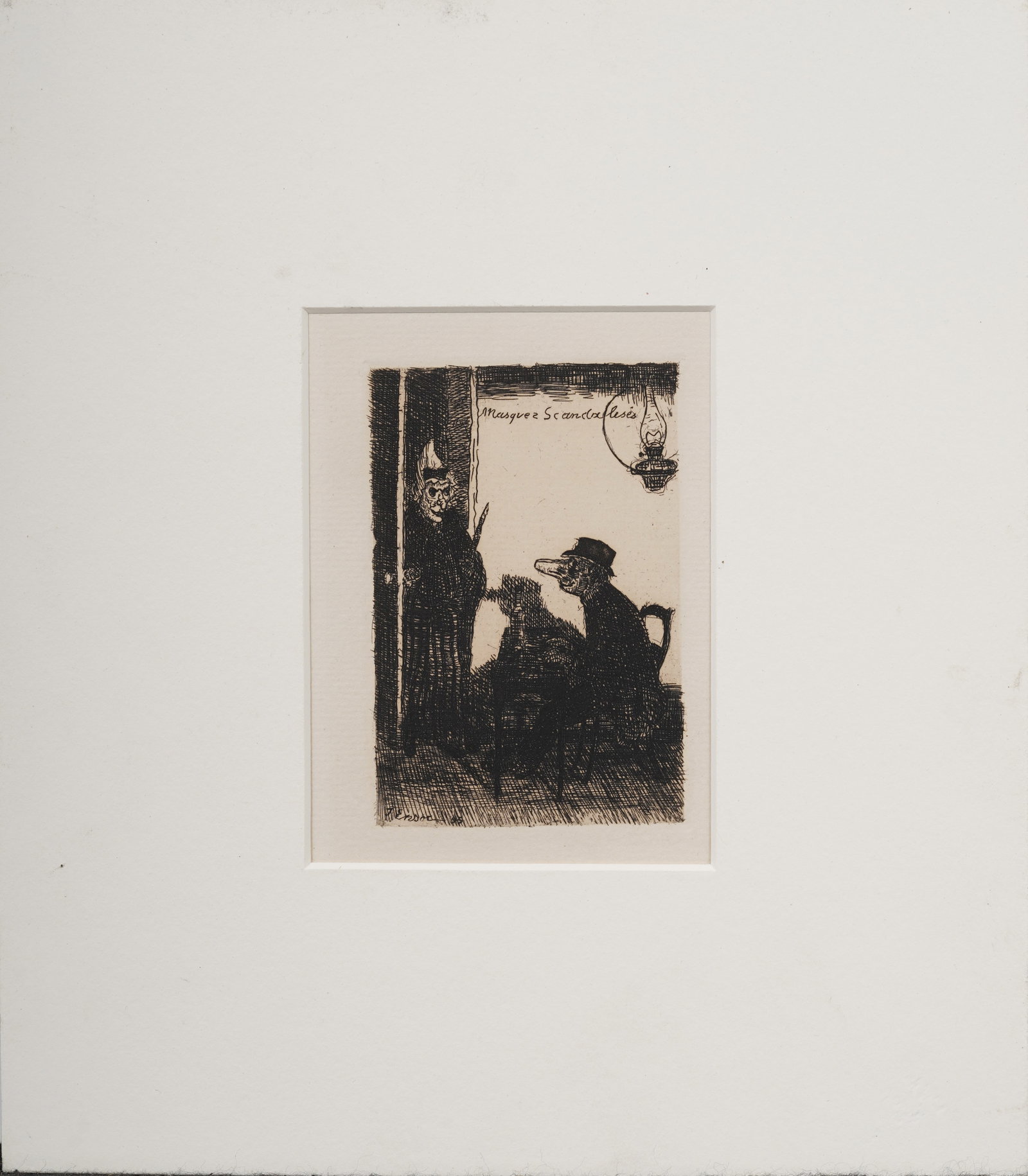 James Ensor (1860-1949) Antique Belgian 1895 Etching "Masquez Scandaleses": Antique Belgian etching. Signed on plate. Measuring: 12 by 11 inches overall, and 5.5 by 4 artwork alone. Please see all images for condition. Size is measured and written on the back of the painting 