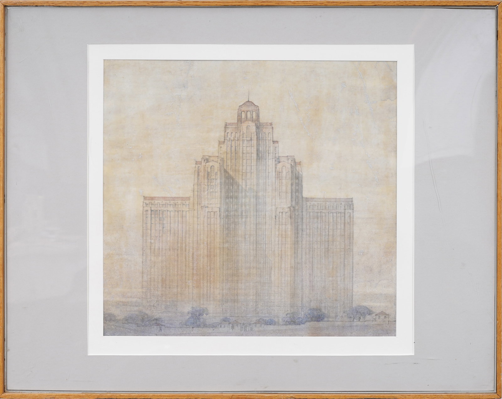 James Gamble Rogers Original Architect's 1928 Rendering of New York-Presbyterian Hospital: Framed antique architect's rendering of New York City's Presbyterian hospital. Ink and pencil on paper. Measuring: 23 by 29 inches overall, and 22 by 28 artwork alone. Please see all images for condit