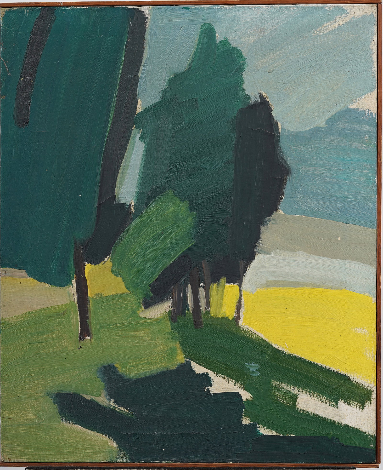 Vintage American Abstract Park Landscape Original Oil Painting: Vintage oil painting. Measuring: 25 by 21 inches overall, and 24.25 by 20 artwork alone. Please see all images for condition. Size is measured and written on the back of the painting or next to each o