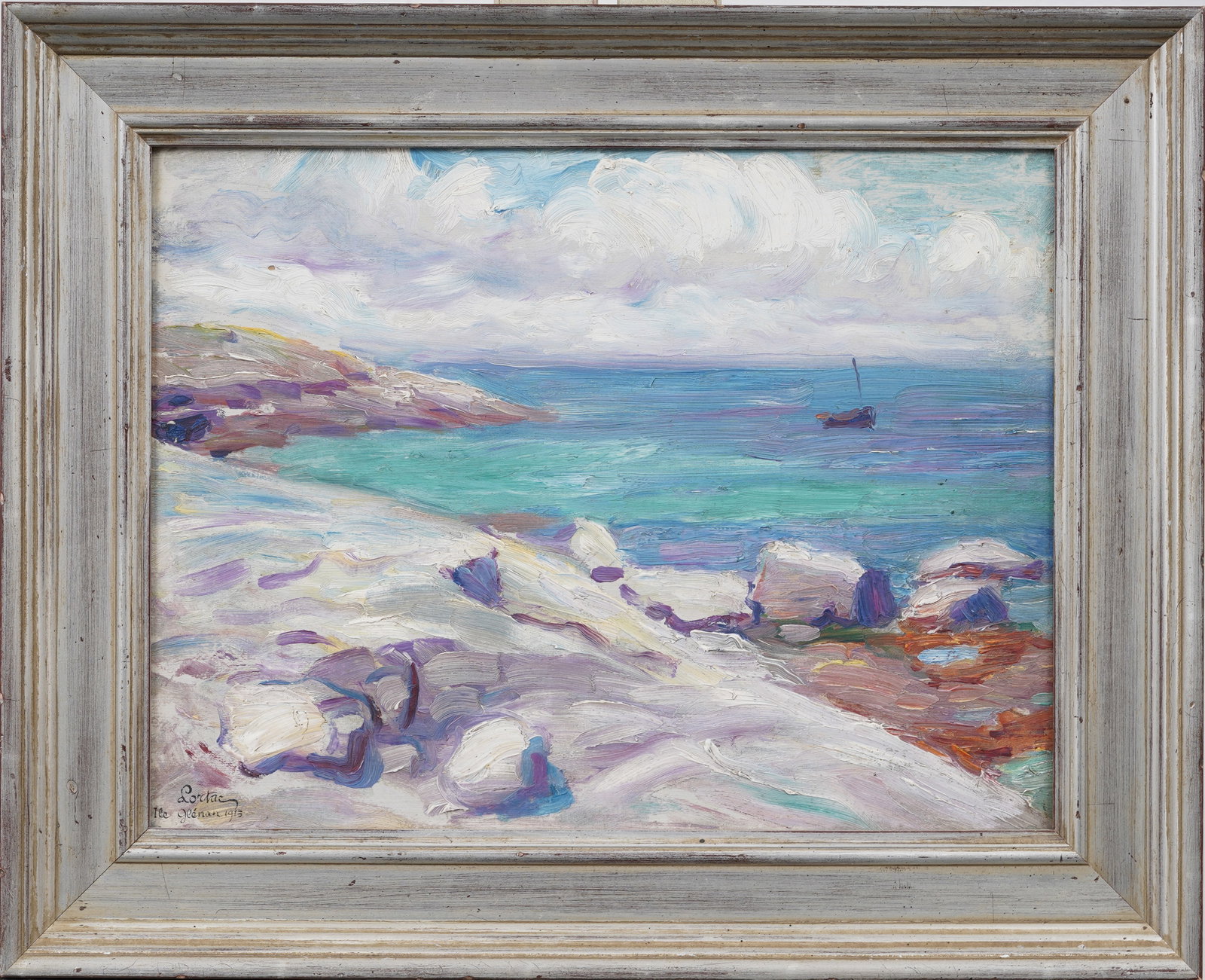 Signed "Lortac" Antique 1913 French Impressionist Coastal Seascape Original Oil Painting: Signed, framed antique French oil painting. Measuring: 14 by 18 inches overall, and 10.5 by 13.75 artwork alone. Please see all images for condition. Size is measured and written on the back of the pa