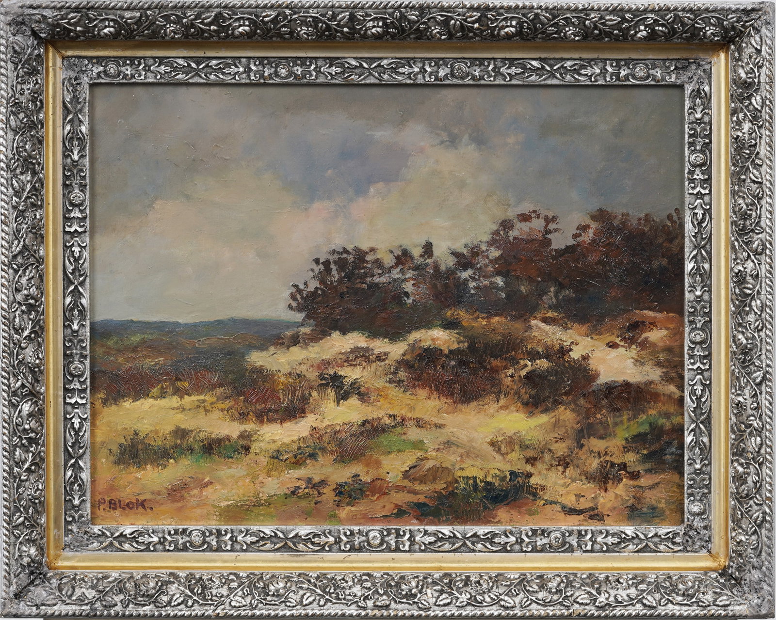 Vintage American Impressionist Western Landscape Original Oil Painting Signed "P. Blok": Signed, framed vintage American oil painting. Measuring: 15.5 by 19.5 inches overall, and 12 by 16 artwork alone. Please see all images for condition. Size is measured and written on the back of the p
