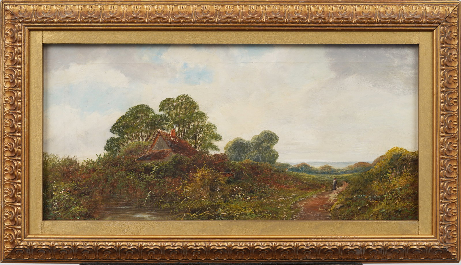 Signed E. Cole 19th c. Antique European Bucolic Meadow Landscape Original Framed Oil Painting: Signed, framed antique European oil painting. Measuring: 16 by 28 inches overall, and 12 by 24 artwork alone. Please see all images for condition. Size is measured and written on the back of the paint