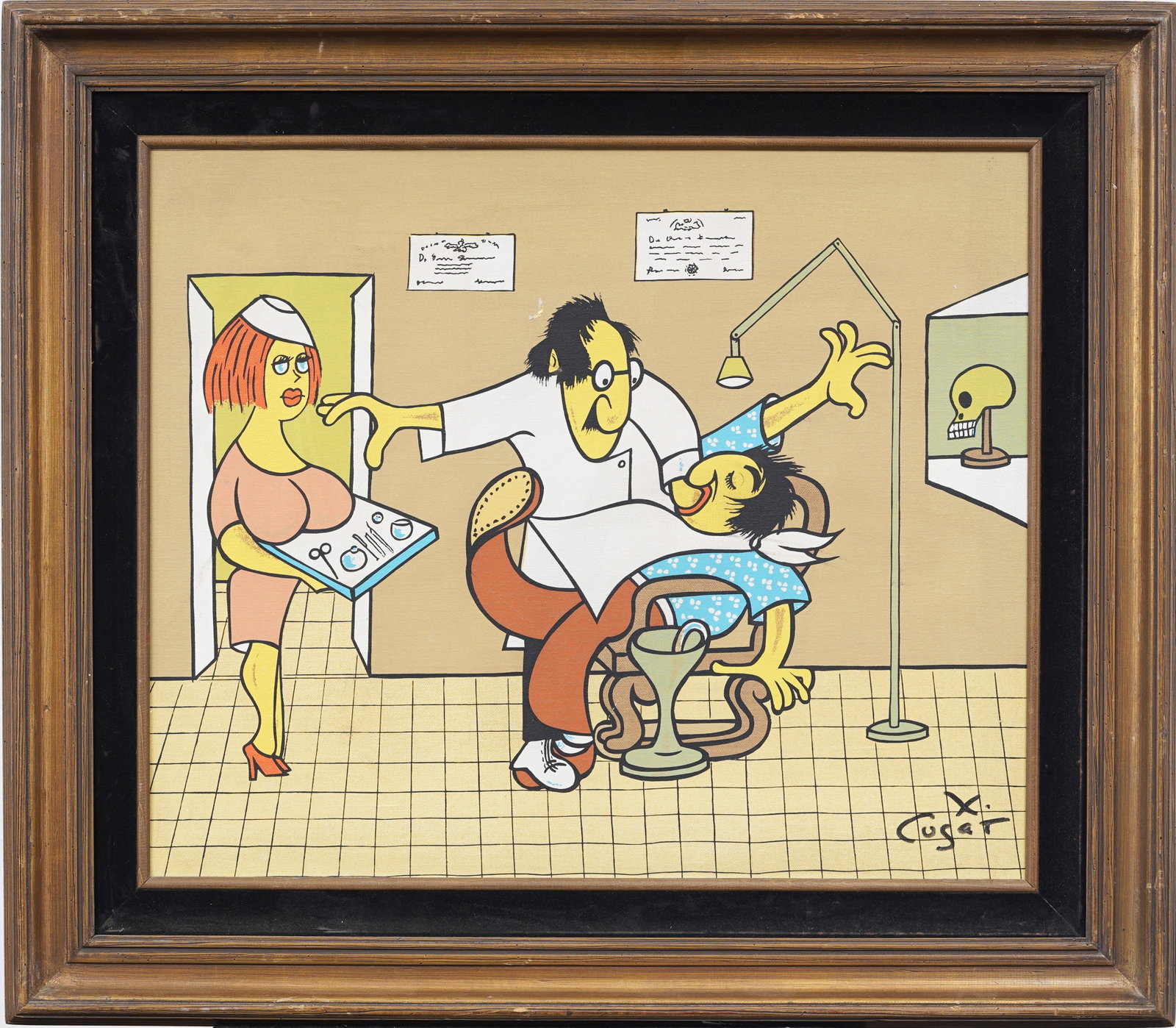 Xavier Cugat 1900-1990 Vintage American Satirical Cartoon "Dirty Dentist" Original Oil Painting: Vintage modern oil painting. Measuring: 28 by 32 inches overall, and 20 by 24 artwork alone. Signed. Please see all images for condition. Size is measured and written on the back of the painting or ne
