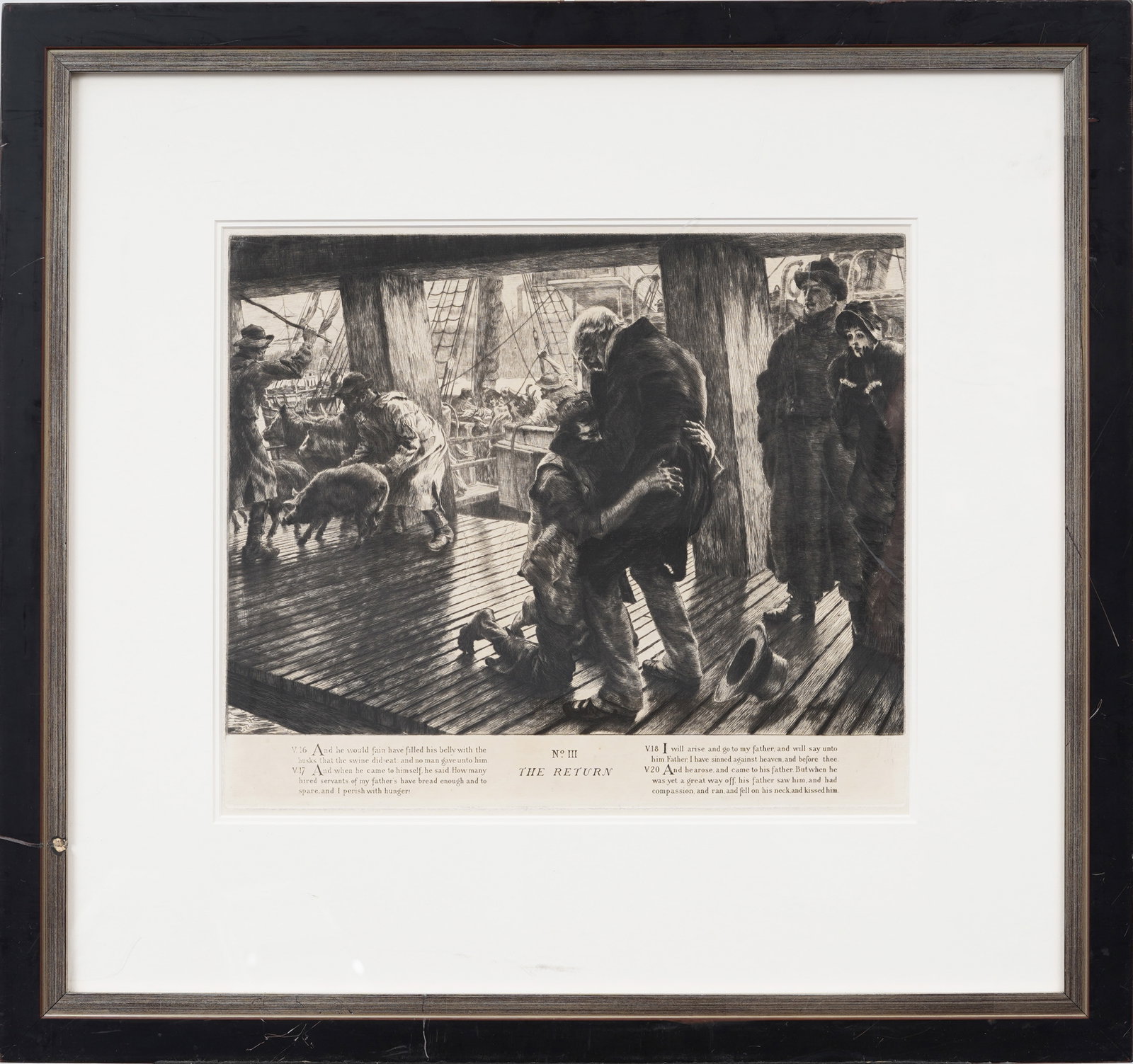 James Jacques Tissot 1882 Antique French Drypoint Etching "The Prodigal Child; The Return": Signed, framed antique French drypoint etching. Measuring: 23 by 25 inches overall, and 12.5 by 14.75 artwork alone. Please see all images for condition. Size is measured and written on the back of th