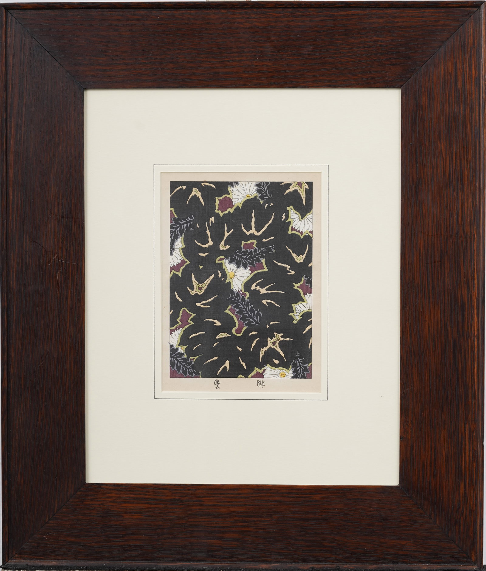 Vintage Japanese Modernist Signed Framed Print: Vintage signed print. Measuring: 17 by 20 inches overall. Please see all images for condition. Size is measured and written on the back of the painting or next to each object. For detailed condition q