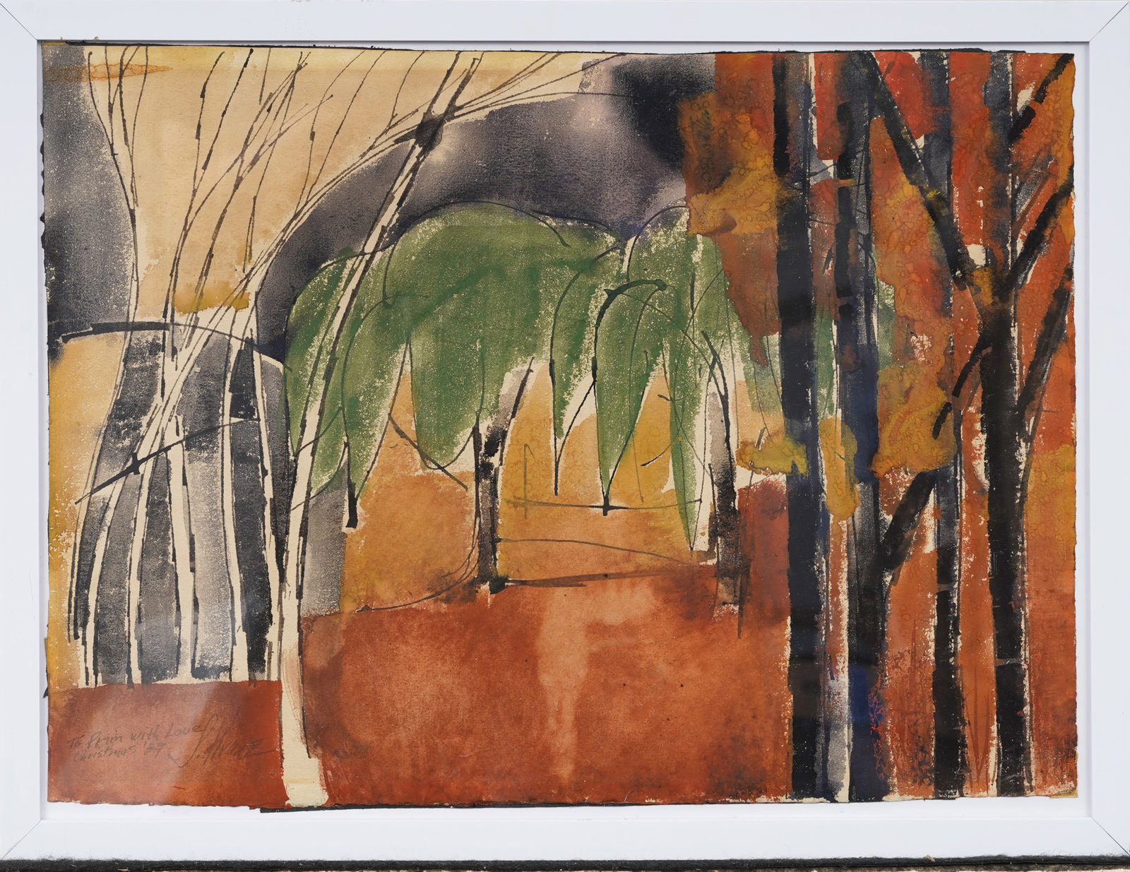 Stewart Kranz Signed Vintage American Tropical Abstract Landscape Painting: Vintage modern painting. Measuring: 13 by 17 inches overall. Please see all images for condition. Size is measured and written on the back of the painting or next to each object. For detailed conditio