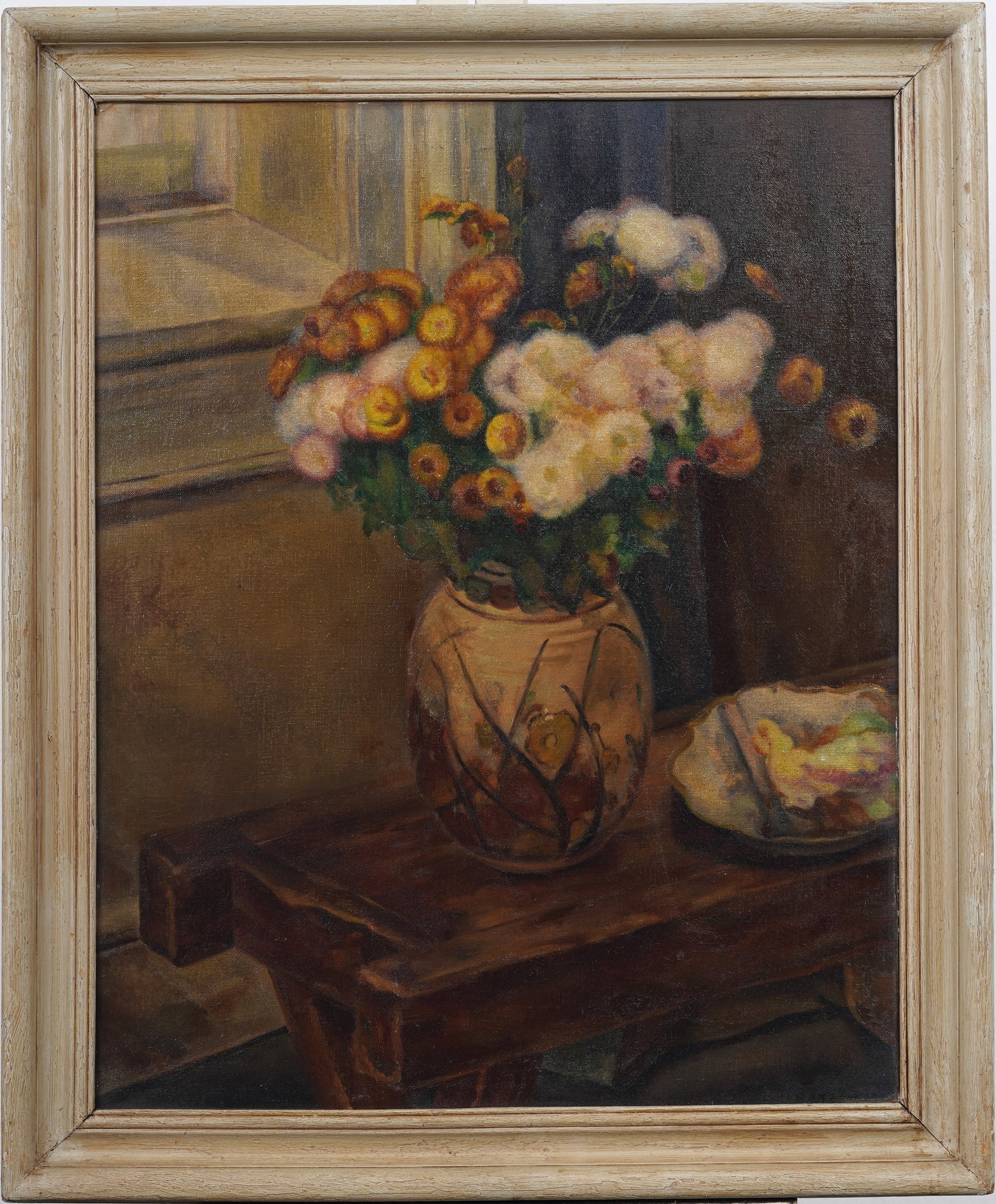 Large Vintage American Impressionist Flower Still Life Framed Interior Scene Original Oil Painting: Vintage oil painting. Measuring: 29 by 35 inches overall. Please see all images for condition. Size is measured and written on the back of the painting or next to each object. For detailed condition q