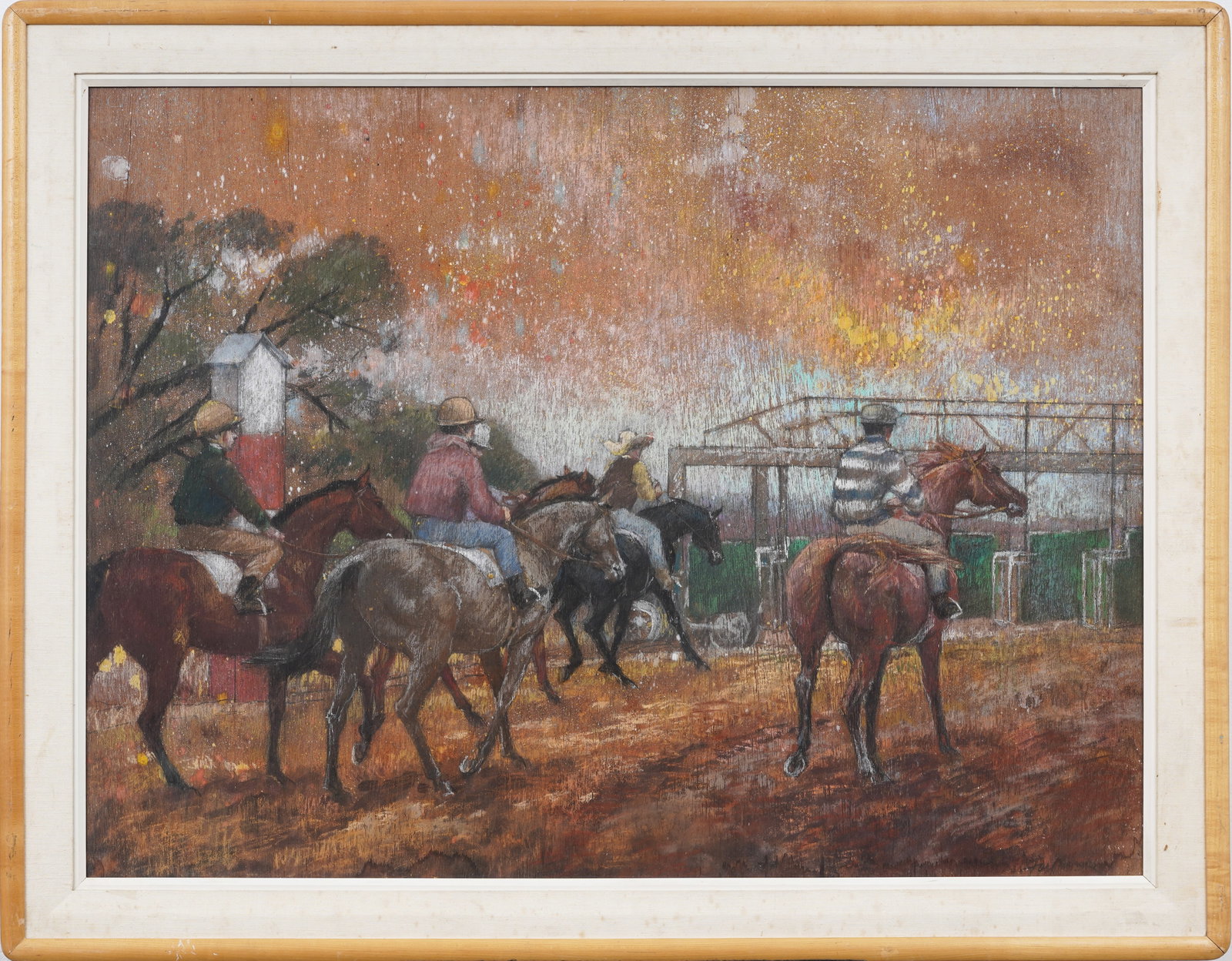 Vintage Large Impressionist Equestrian Horse Race Scene Framed Sporting Art Painting: Vintage sporting art mixed media pastel painting. Measuring: 36 by 46 inches overall, and 30 by 40 artwork alone. Please see all images for condition. Size is measured and written on the back of the p