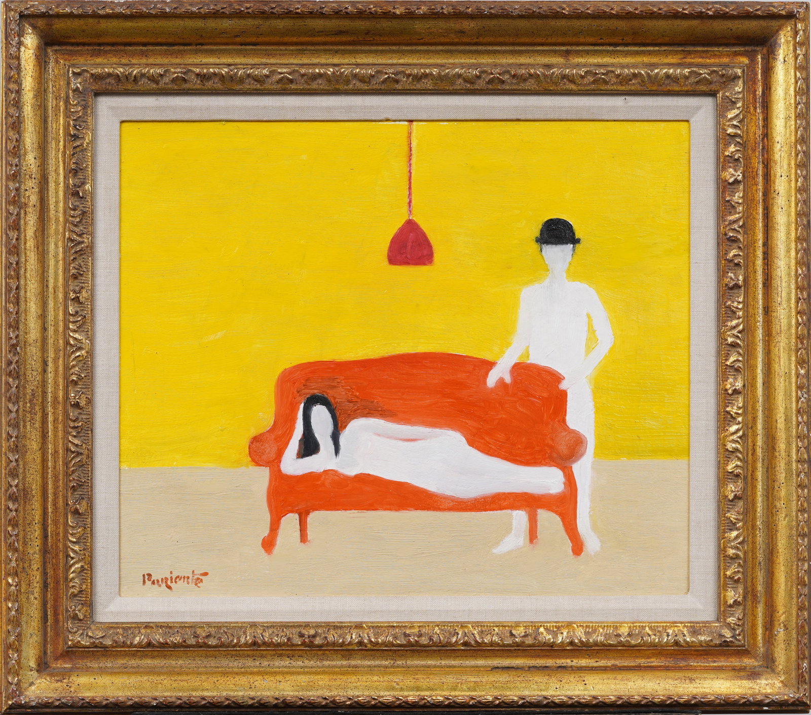Abraham Pariente B.1962 Vintage Israeli American Modernist Figural Nude Portrait Oil Painting: Vintage nude portrait oil painting. Measuring: 22 by 25 inches overall, and 15 by 28 artwork alone. Please see all images for condition. Size is measured and written on the back of the painting or nex