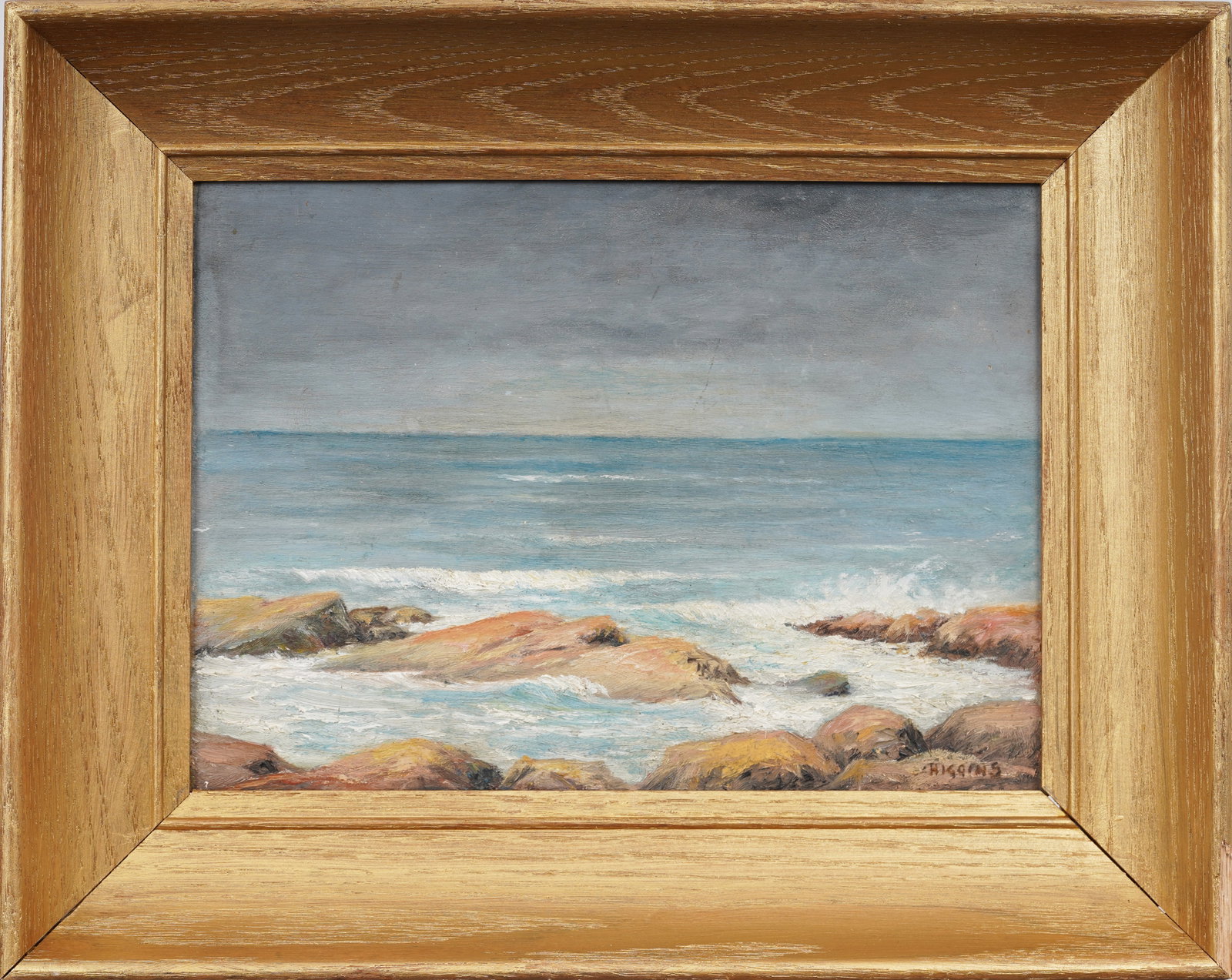 Vintage American Impressionist Framed Coastal Seascape Signed "Higgins" Original Oil Painting: Vintage seascape oil painting. Oil on board. Measuring: 13 by 16 inches overall, and 8.5 by 12 artwork alone. Please see all images for condition. Size is measured and written on the back of the paint
