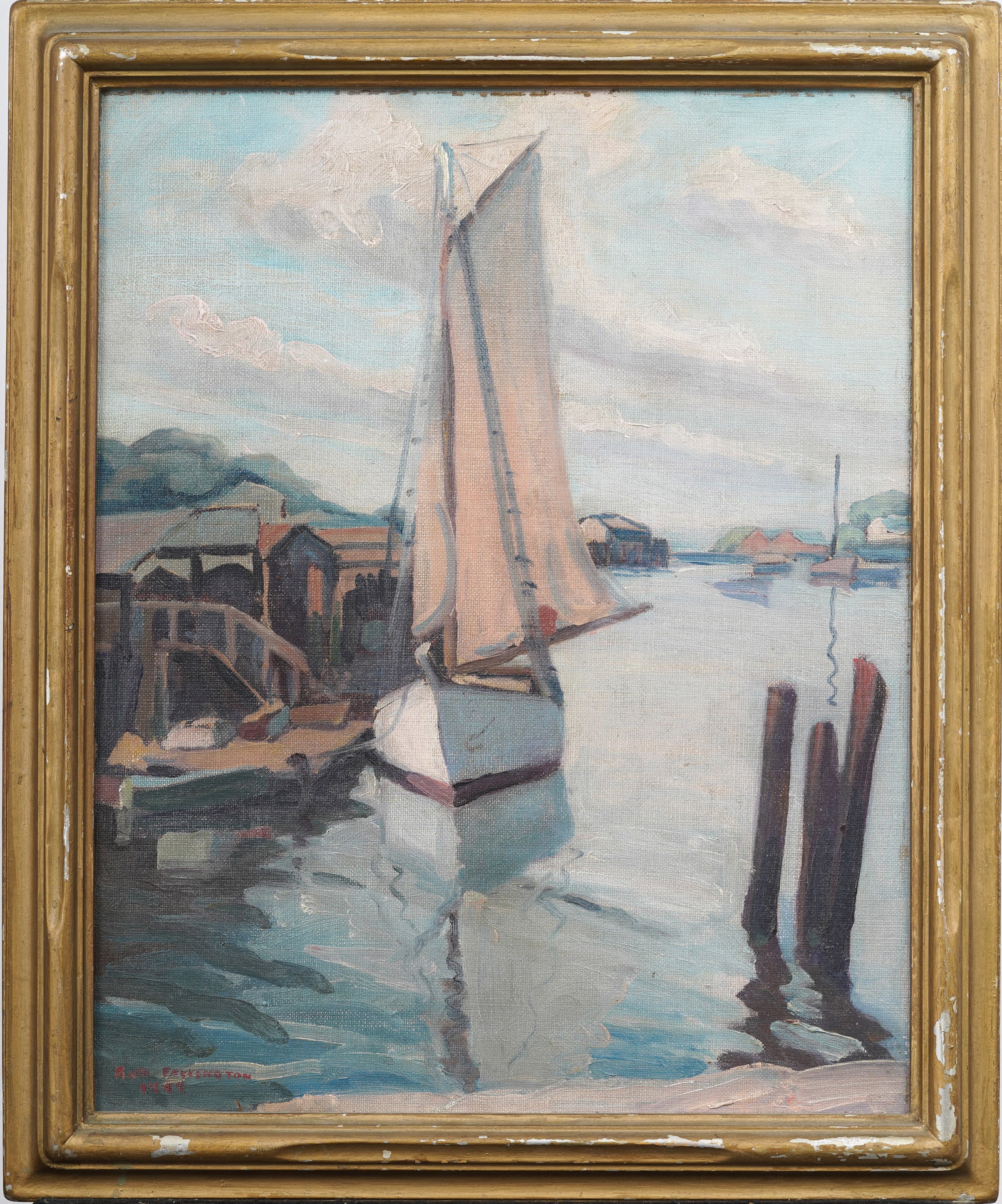 Ruth Farrington 1900-1978 Signed Vintage American Impressionist Seascape Framed Oil Painting: Vintage American impressionist seascape oil painting. Measuring: 19 by 23 inches overall, and 16 by 20 artwork alone. Please see all images for condition. Size is measured and written on the back of t