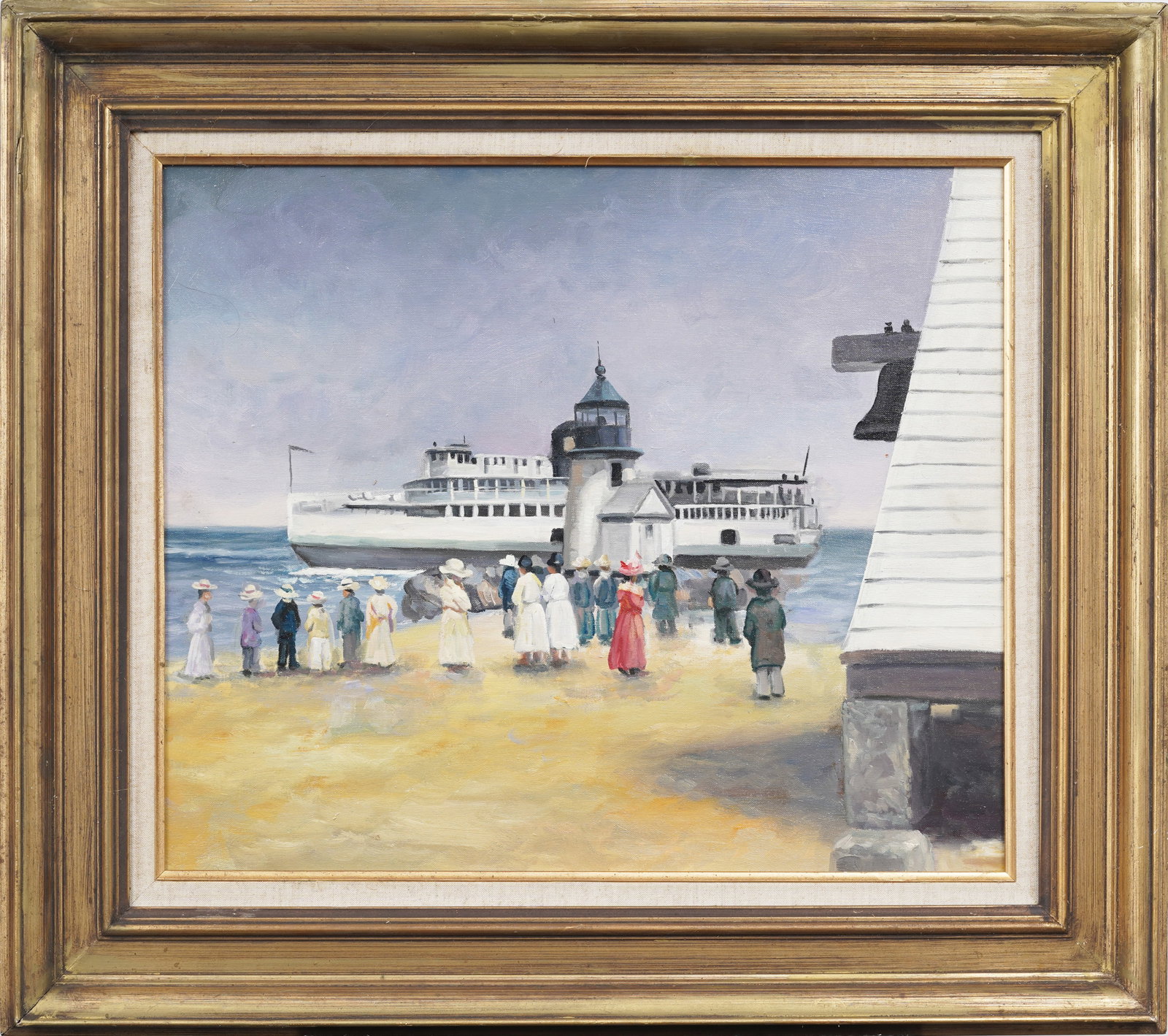 Vintage American Impressionist New England Dock Scene Framed Beach Scene Original Oil Painting: Vintage beach scene impressionist oil painting. Framed. Oil on board. Measuring: 29 by 33 inches overall, and 20 by 24 artwork alone. Please see all images for condition. Size is measured and written 