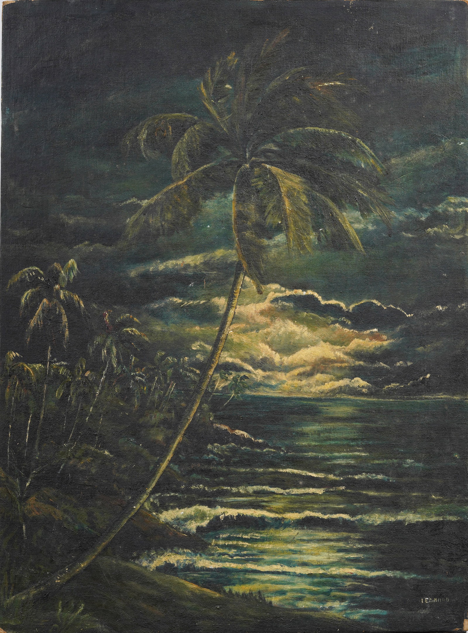 Vintage American Nocturnal Tropical Beach Scene Palm Tree Moonlit Wave Original Oil Painting: Vintage nocturnal seascape oil painting. Measuring: 18 by 24 inches overall. Please see all images for condition. Size is measured and written on the back of the painting or next to each object. For d