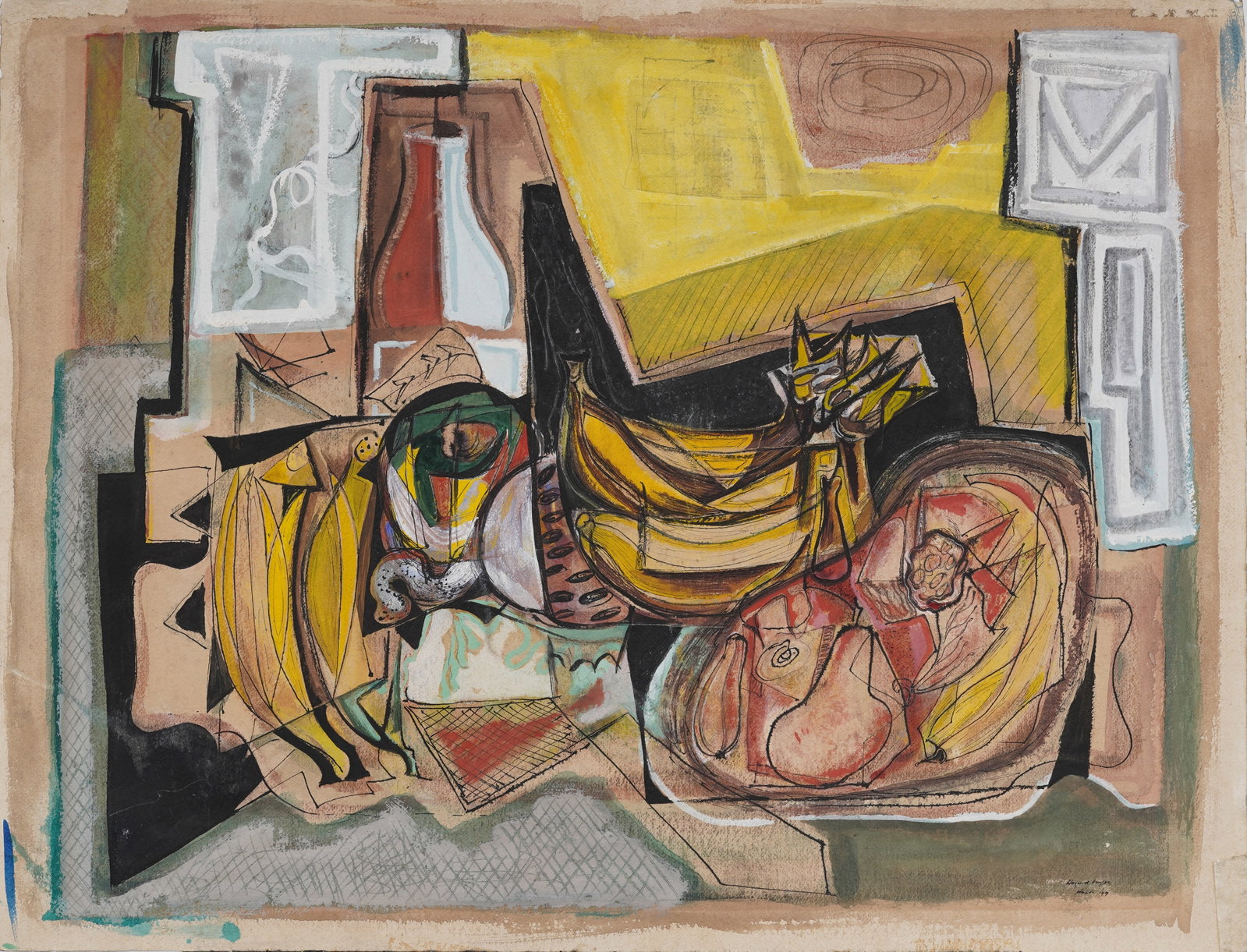 Vintage American School Signed Cubist Abstract Still Life Original Painting: Vintage modernist painting. Measuring: 20 by 26 inches overall. Please see all images for condition. Size is measured and written on the back of the painting or next to each object. For detailed condi
