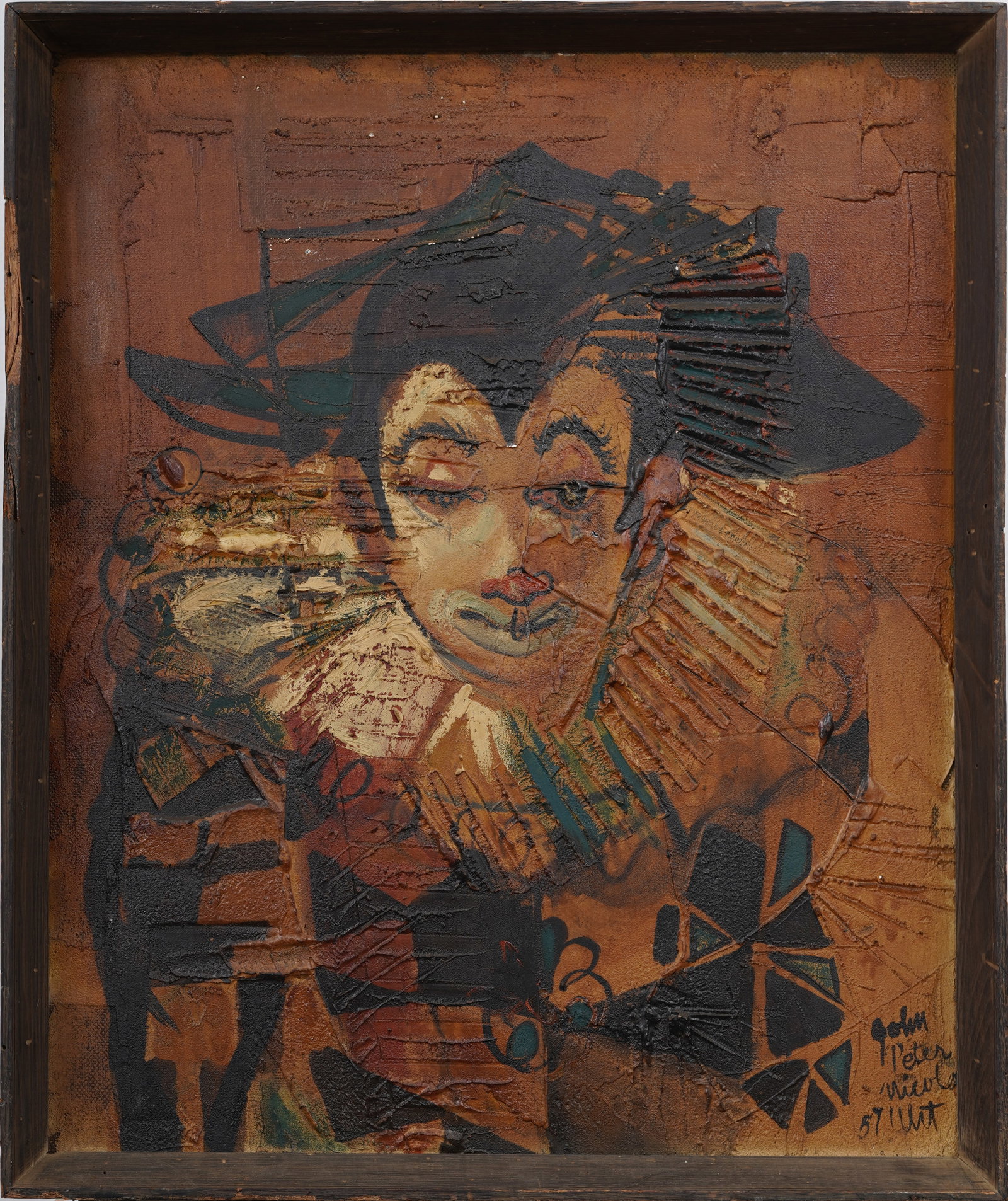 Vintage European Signed Modernist Harlequin Original Framed Mixed Media Oil Painting: Vintage portrait oil painting. Signed. Measuring: 22 by 26 inches overall, and 20 by 24 artwork alone. Please see all images for condition. Size is measured and written on the back of the painting or 