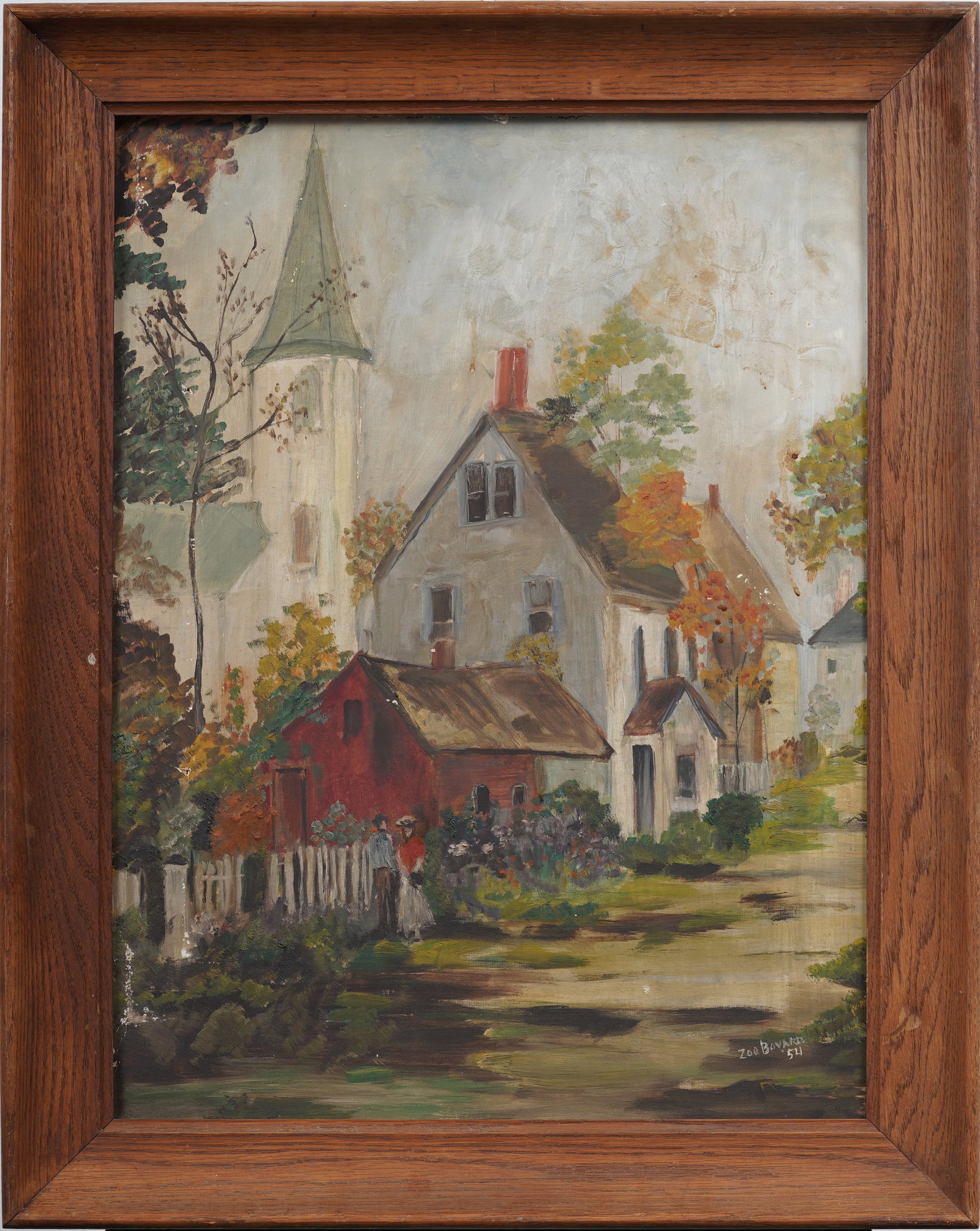 Vintage American Folk Art Street Scene Framed Original Oil Painting: Vintage oil painting. Measuring: 23 by 28 inches overall, and 18 by 24 artwork alone. Please see all images for condition. Size is measured and written on the back of the painting or next to each obje
