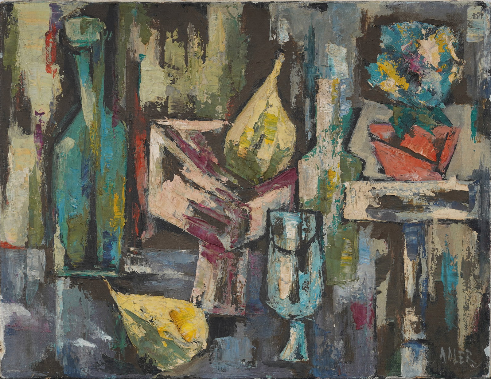 Vintage American Modernist Abstract Signed "Adler" Still Life Original Oil Painting: Vintage still life oil painting. Measuring: 12.5 by 16.25 inches overall. Please see all images for condition. Size is measured and written on the back of the painting or next to each object. For deta