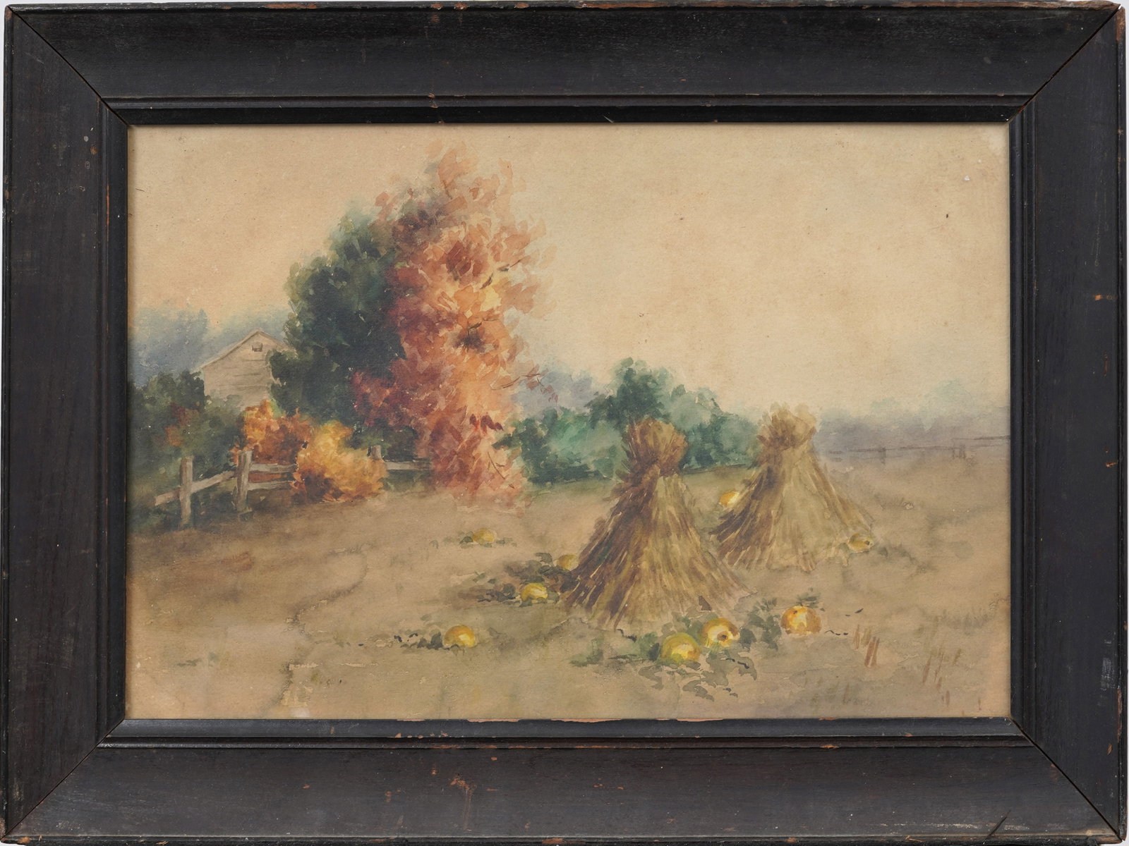 Antique American Fall Impressionist Haystack and Pumpkin Field Original Landscape Painting: Vintage landscape painting. Measuring: 14 by 19 inches overall, and 10 by 15 artwork alone. Please see all images for condition. Size is measured and written on the back of the painting or next to eac
