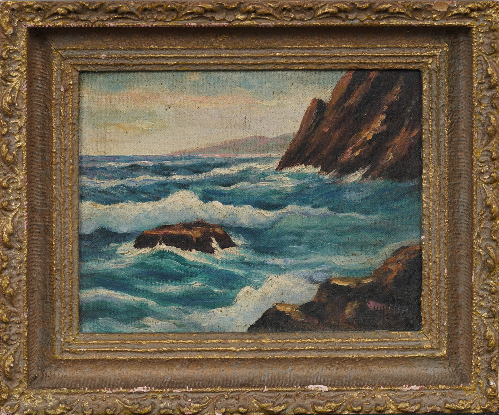 Vintage American Folk Art Framed Seascape Original Oil Painting: Vintage seascape oil painting. Measuring: 12 by 14 inches overall, and 8 by 10 artwork alone. Please see all images for condition. Size is measured and written on the back of the painting or next to e