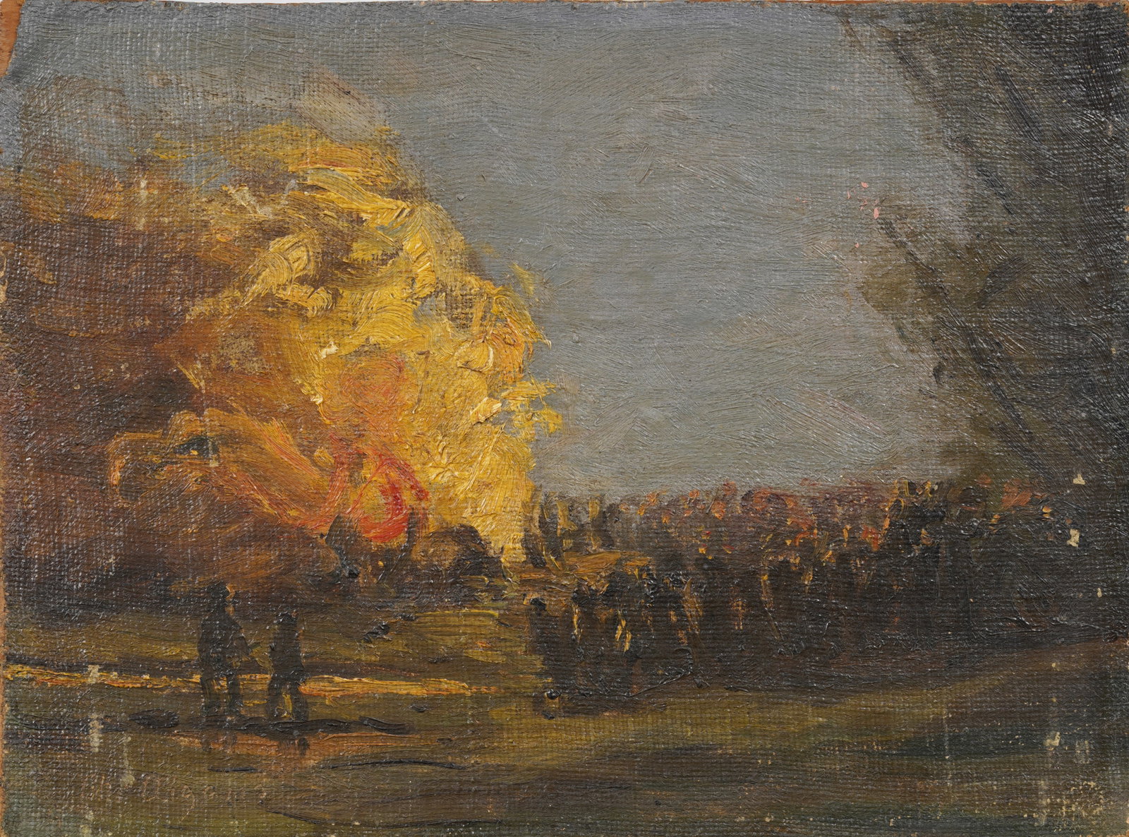 Antique American Impressionist Roaring Bonfire Landscape Original Oil Painting: Vintage oil painting. Measuring: 11.75 by 16 inches overall. Please see all images for condition. Size is measured and written on the back of the painting or next to each object. For detailed conditio