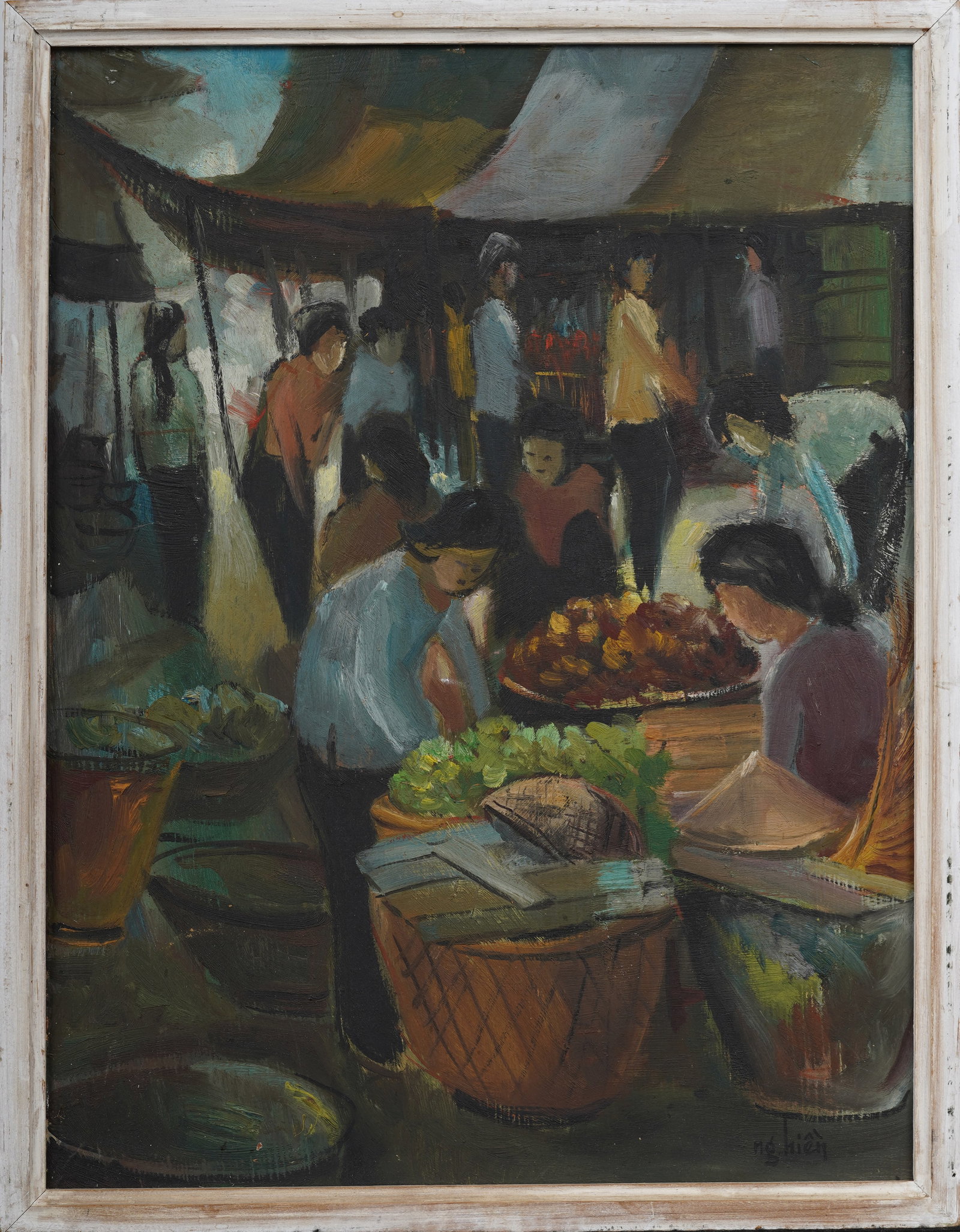 Vintage Signed Chinese Impressionist Market Scene Framed Original Oil Painting: Vintage framed Chinese oil painting. Oil on board. Framed. Measuring: 16 by 21 inches overall, and 15 by 19.75 artwork alone. Please see all images for condition. Size is measured and written on the b