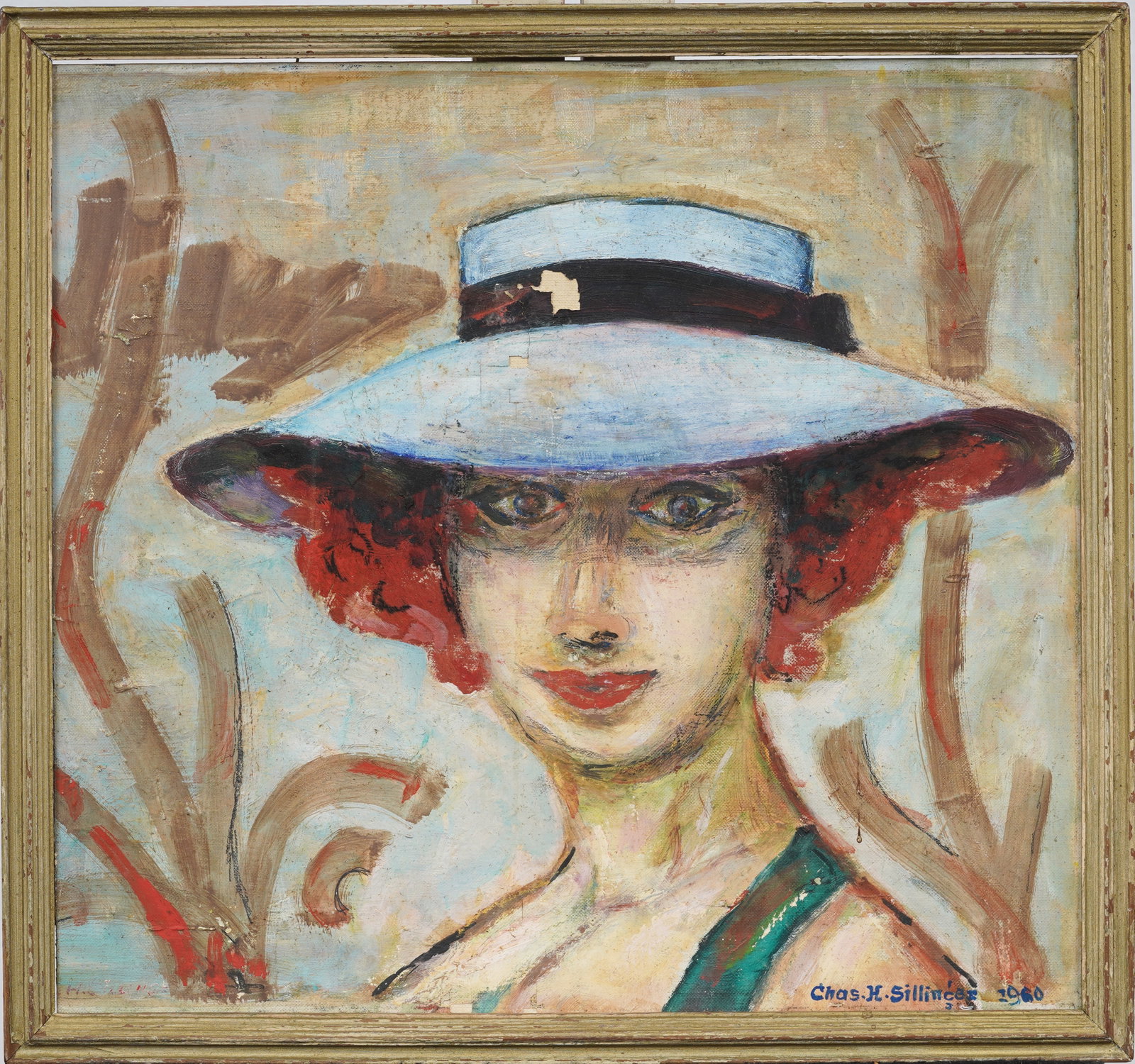 Charles Sillinger Signed Vintage American Modernist Woman Portrait Original Oil Painting: Vintage portrait oil painting. Measuring: 18 by 19 inches overall, and 16 by 17 artwork alone. Please see all images for condition. Size is measured and written on the back of the painting or next to 