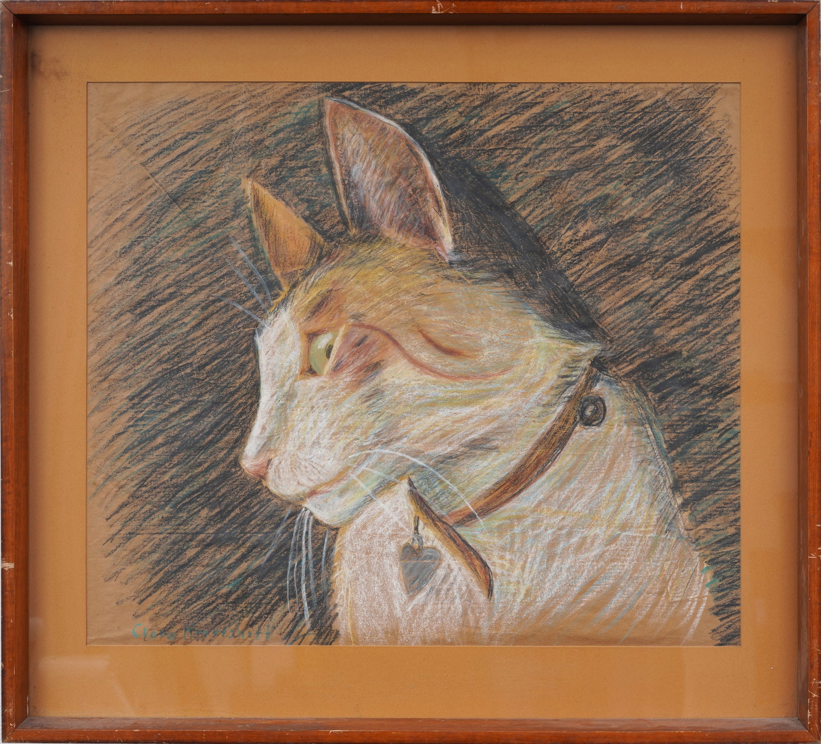 Vintage American Impressionist Cat Portrait Framed Original Painting: Vintage cat portrait painting. Measuring: 28 by 31 inches overall. Please see all images for condition. Size is measured and written on the back of the painting or next to each object. For detailed co