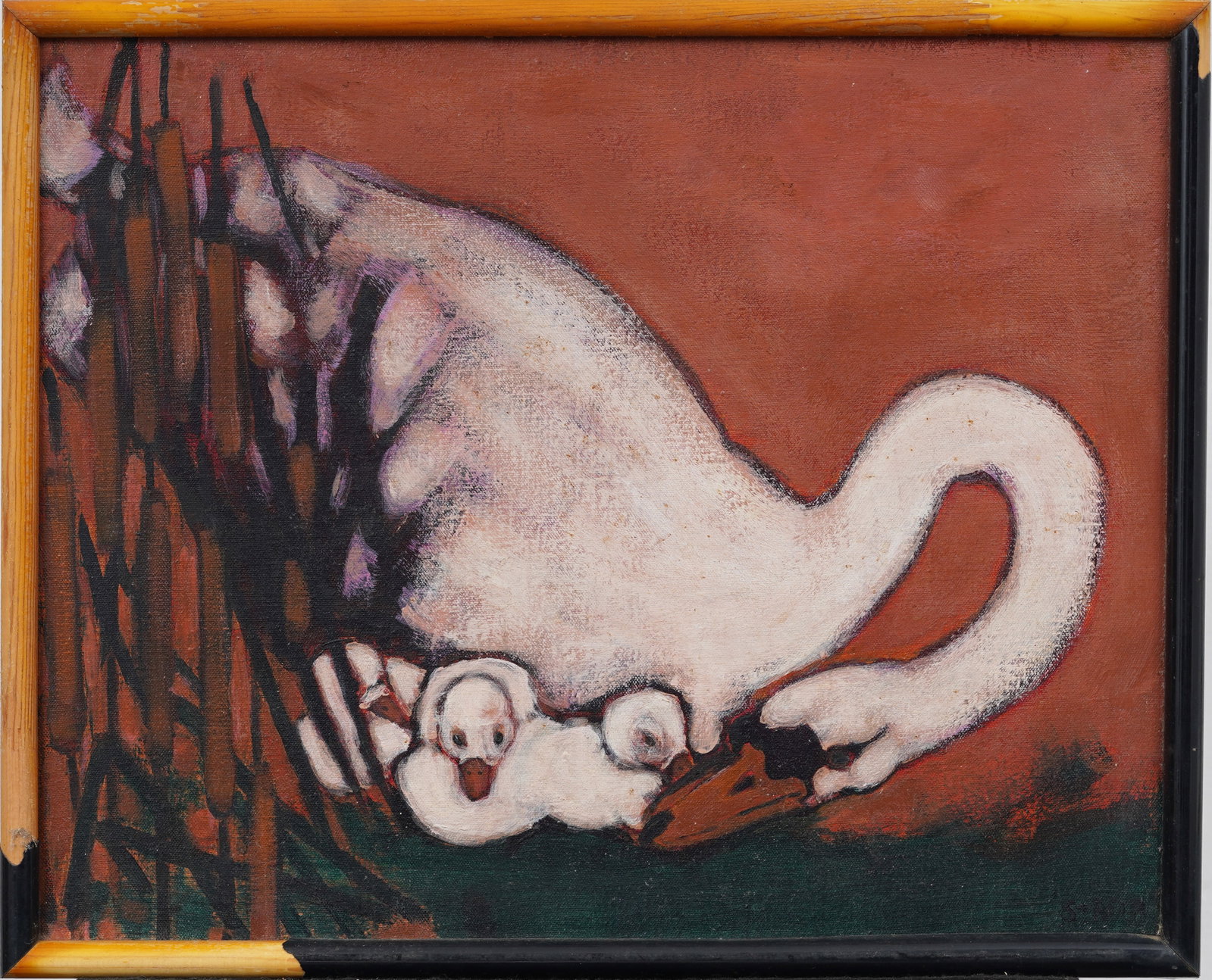 Ann Strab Vintage Signed American Modernist Swan Portrait Framed Original Oil Painting: Vintage swan portrait oil painting. Measuring: 17 by 21 inches overall, and 16 by 20 artwork alone. Please see all images for condition. Size is measured and written on the back of the painting or nex
