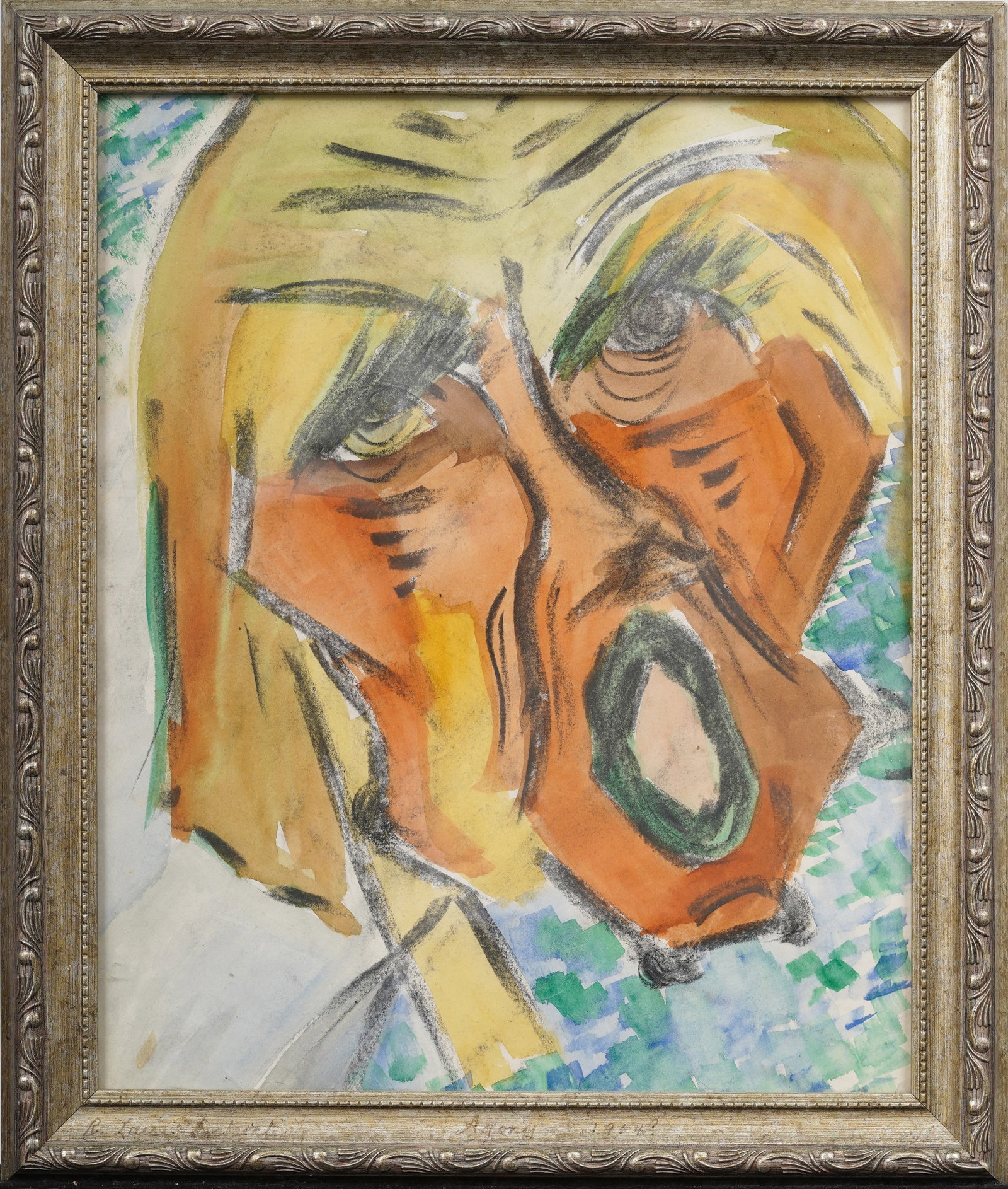 Vintage American School Modernist Male Portrait Original Mixed Media Painting: Vintage modern painting. Measuring: 13 by 15 inches overall. Please see all images for condition. Size is measured and written on the back of the painting or next to each object. For detailed conditio
