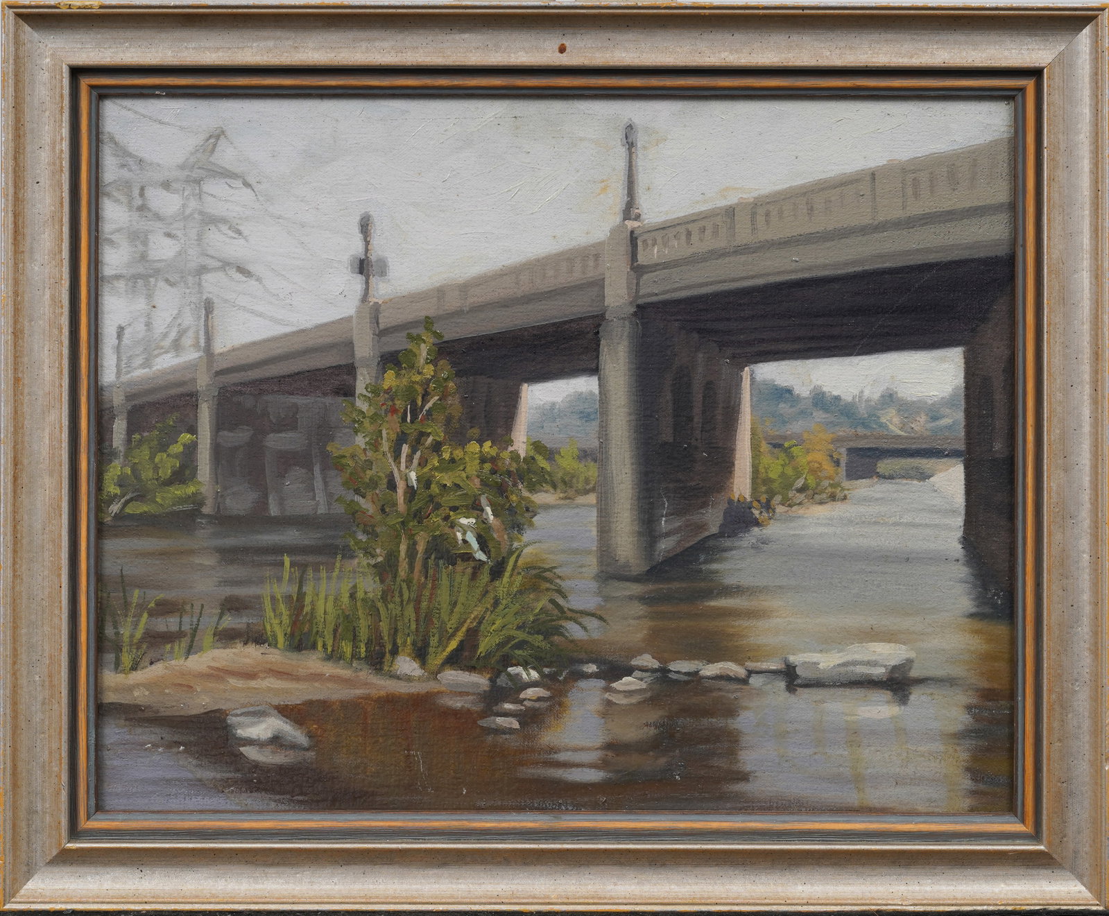 Vintage American School Modernist Landscape Original Oil Painting: Vintage oil painting. Measuring: 13 by 16 inches overall. Please see all images for condition. Size is measured and written on the back of the painting or next to each object. For detailed condition q