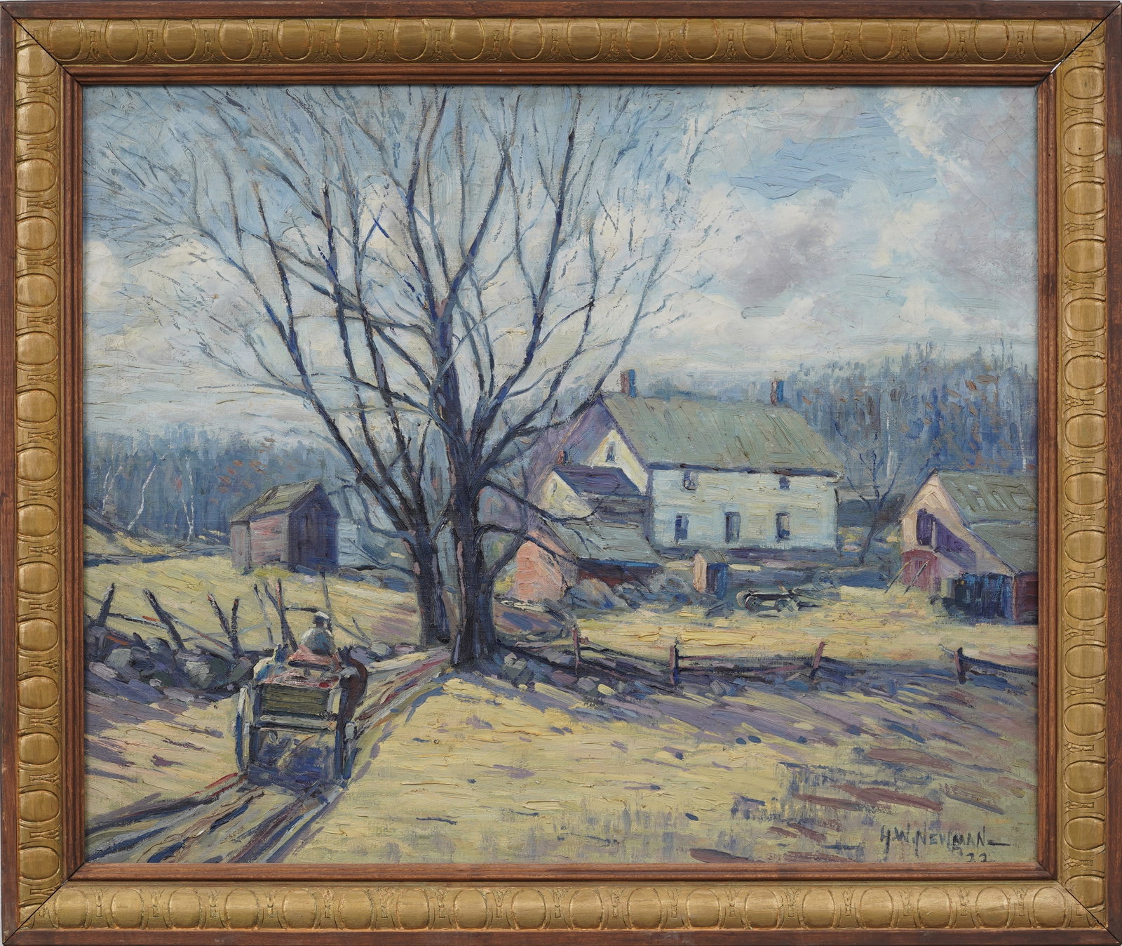 Harry Newman Antique American Signed Impressionist 1922 Framed Landscape Original Oil Painting: Antique landscape oil painting. Measuring: 29 by 34 inches overall, and 25 by 30 artwork alone. Please see all images for condition. Size is measured and written on the back of the painting or next to