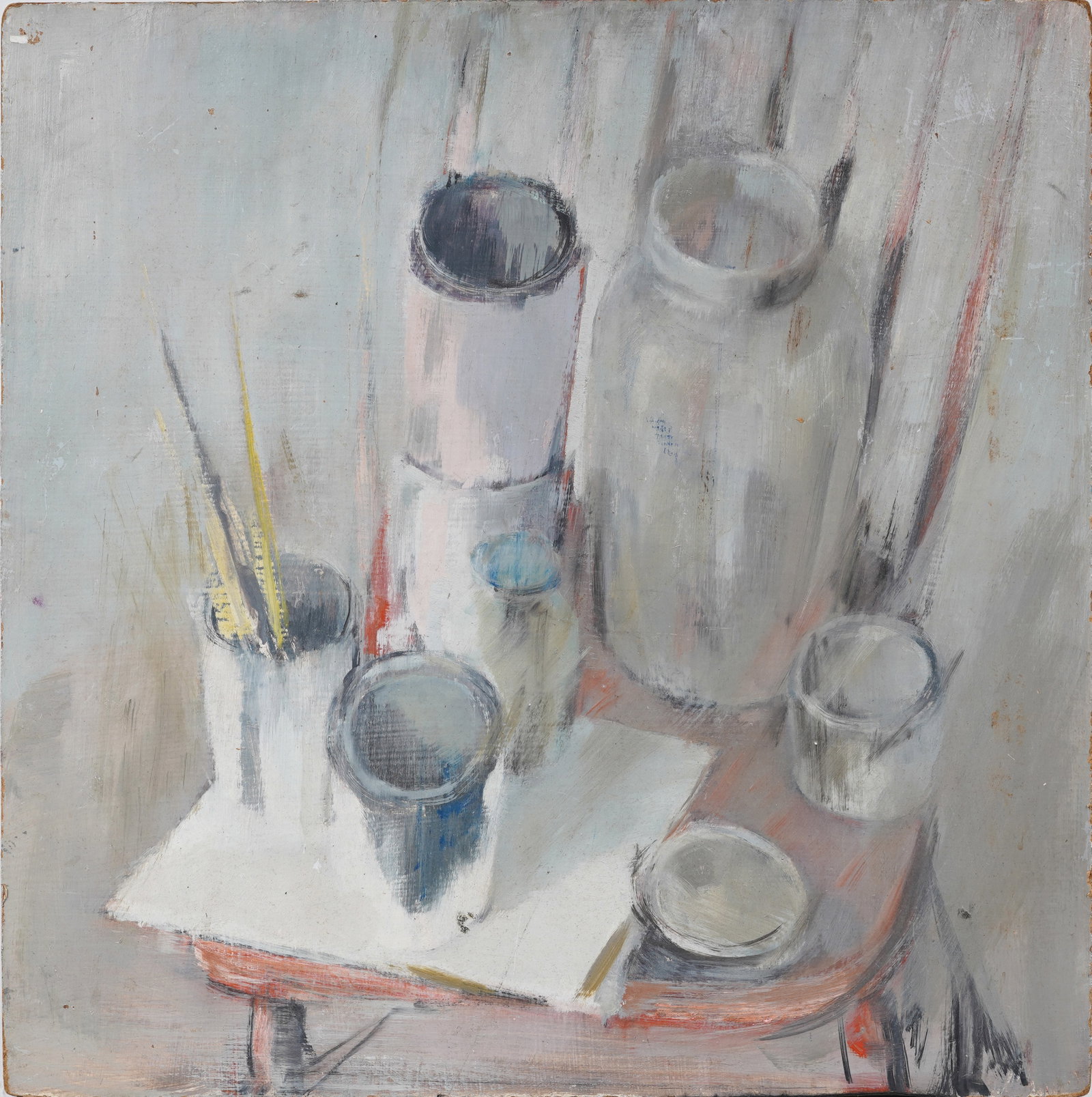 Vintage American School Modernist Artist Studio Still Life Original Oil Painting: Vintage modernist oil painting. Measuring: 24 by 24 inches overall. Please see all images for condition. Size is measured and written on the back of the painting or next to each object. For detailed c