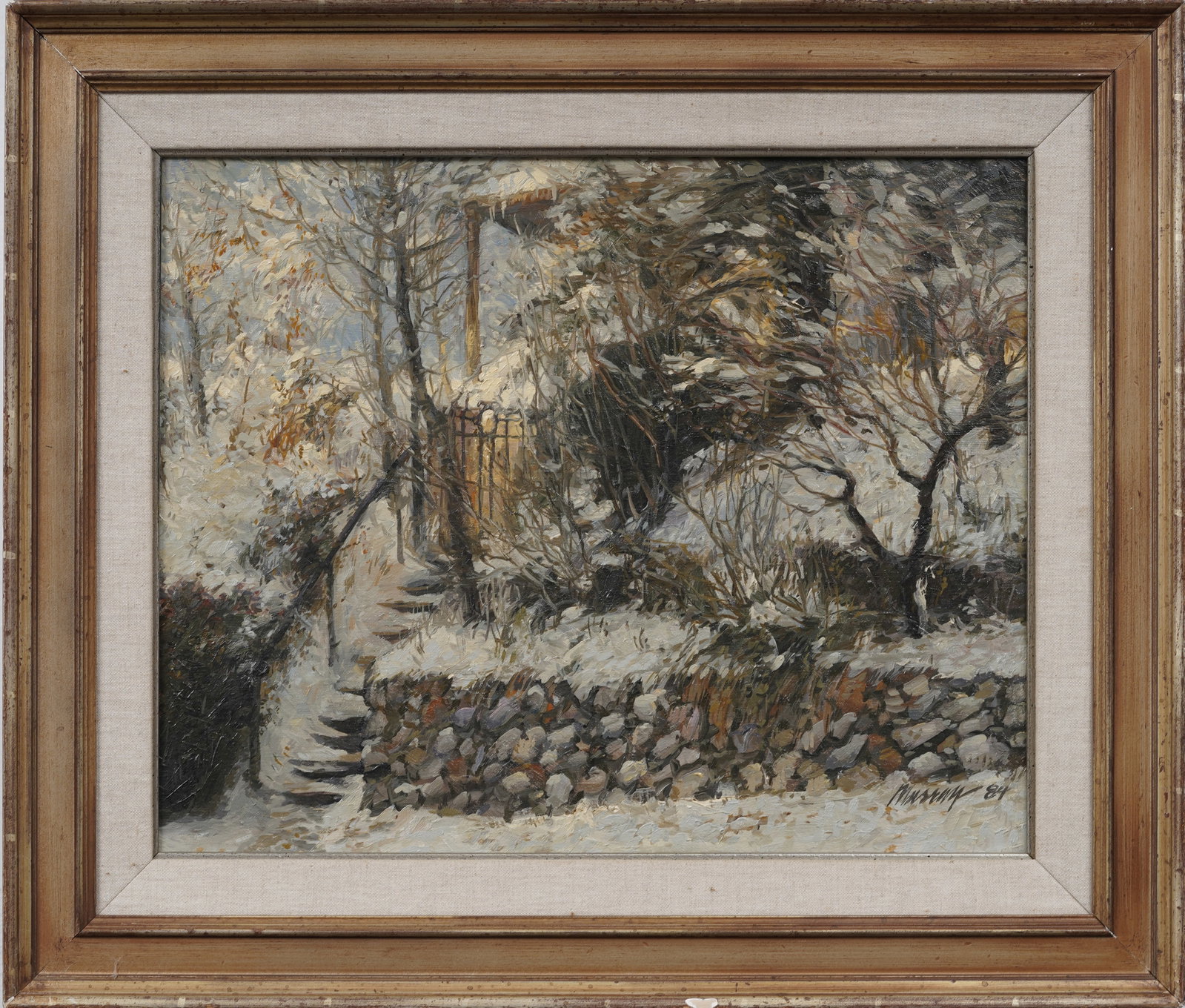 Vintage American Winter Impressionist Signed Framed Landscape Original Oil Painting: Vintage oil painting. Measuring: 23 by 26 inches overall. Please see all images for condition. Size is measured and written on the back of the painting or next to each object. For detailed condition q