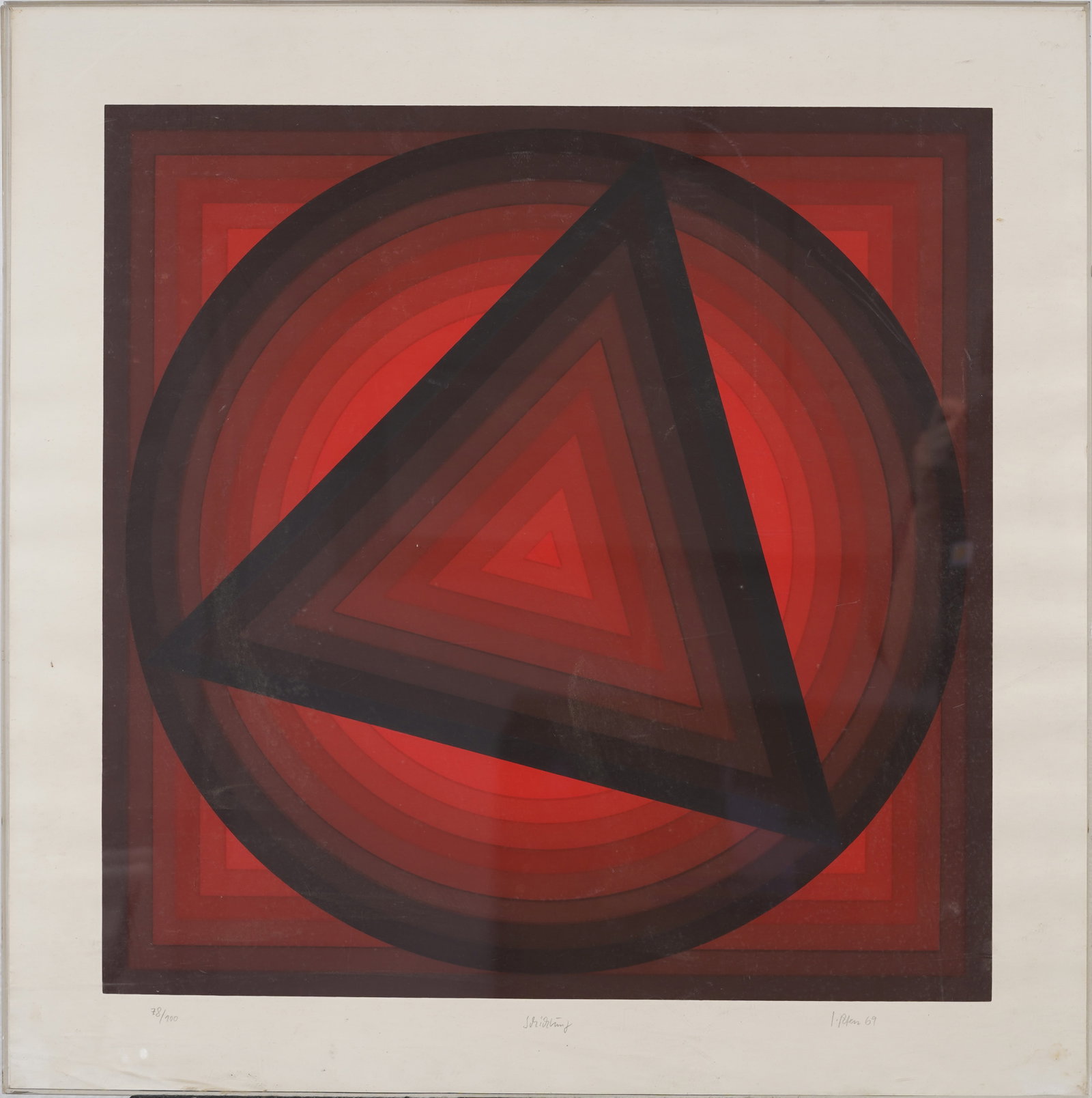 Vintage American School Signed Abstract Print: Vintage abstract print. Measuring: 24 by 24 inches overall. Please see all images for condition. Size is measured and written on the back of the painting or next to each object. For detailed condition