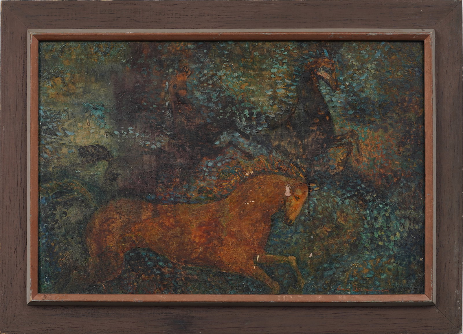 Ann Broadman Signed Vintage American Modernist Galloping Horse Landscape Original Oil Painting: Vintage horse landscape oil painting. Measuring: 26 by 36 inches overall, and 20 by 30 artwork alone. Please see all images for condition. Size is measured and written on the back of the painting or n