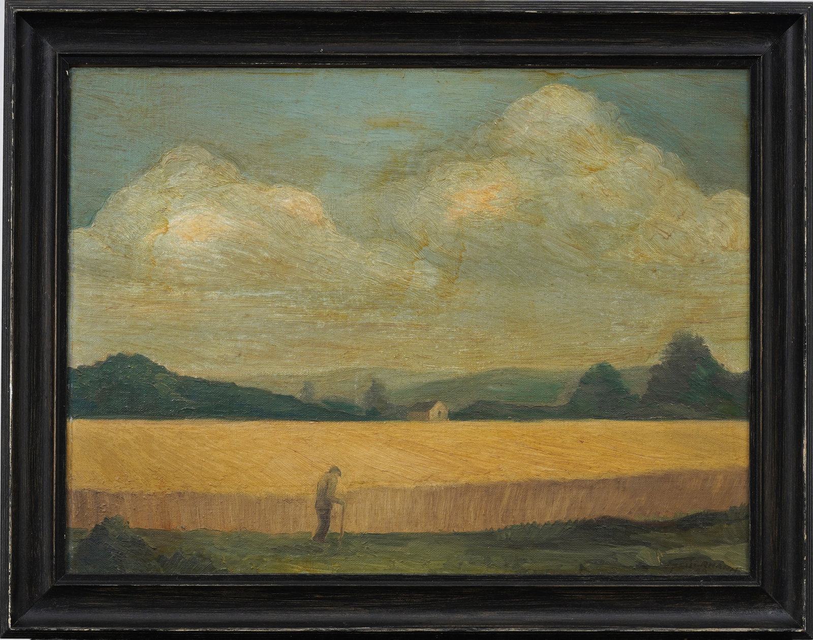 Vintage American Impressionist Farmland Framed Signed Landscape Original Oil Painting: Vintage oil painting. Measuring: 15 by 19 inches overall. Please see all images for condition. Size is measured and written on the back of the painting or next to each object. For detailed condition q