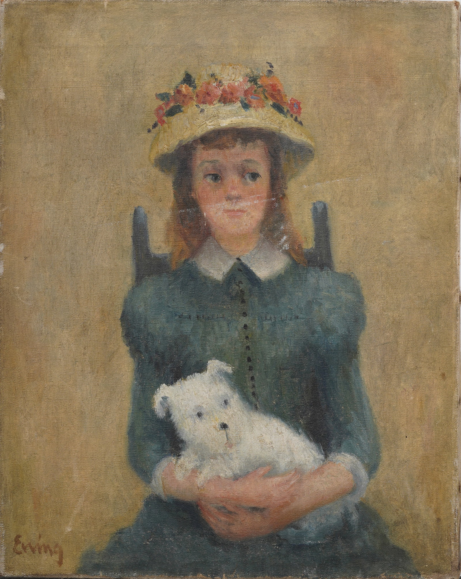 Vintage American School Modernist Girl and Dog Portrait Signed Ewing Original Oil Painting: Vintage portrait oil painting. Measuring: 16 by 20 inches overall. Please see all images for condition. Size is measured and written on the back of the painting or next to each object. For detailed co