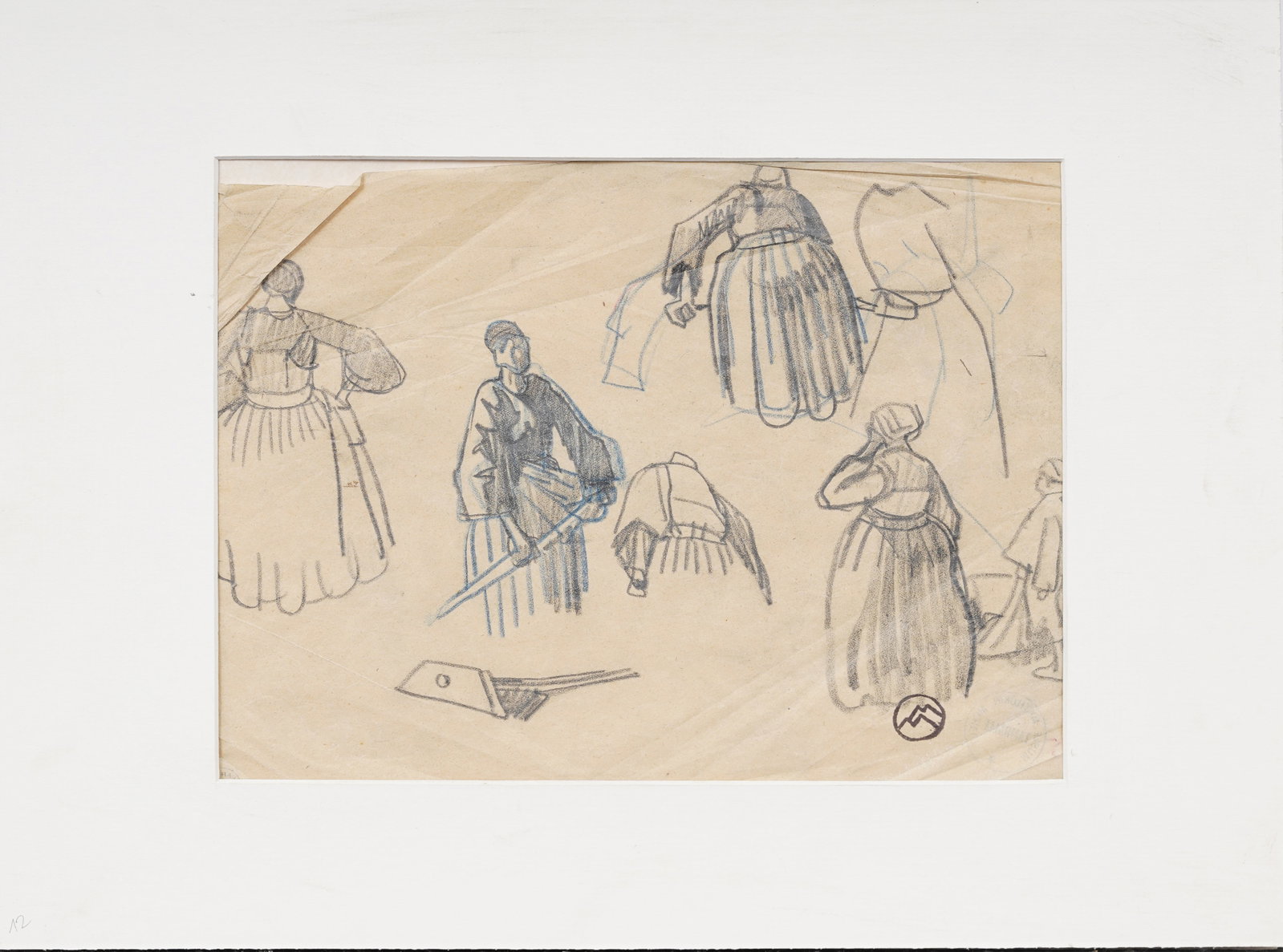 Vintage Signed and Estate Stamped French Impressionist Pencil Sketch Landscape Drawing with Figures: Vintage signed drawing. Measuring: 12 by 16 inches overall. Please see all images for condition. Size is measured and written on the back of the painting or next to each object. For detailed condition